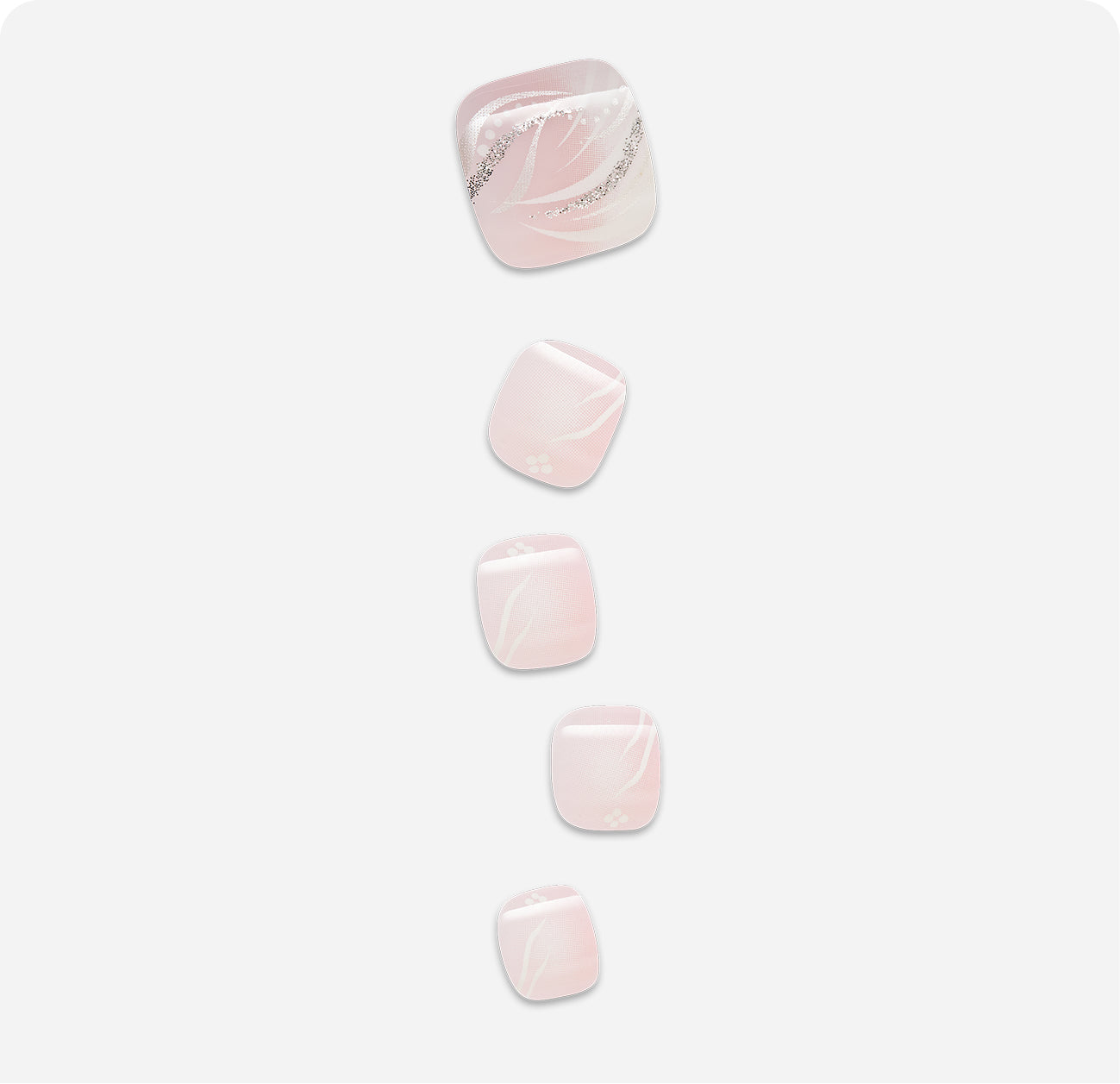 Five pink press-on nails with glitter accent, displayed vertically.