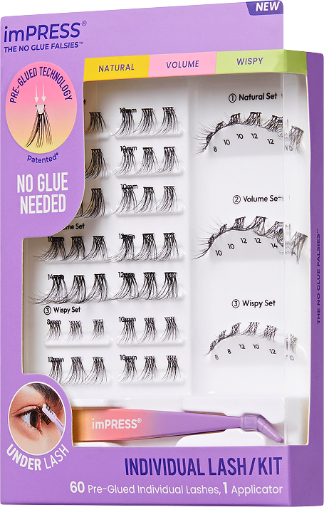 imPRESS No Glue Falsies individual lash kit with 60 pre-glued lashes in natural, volume, and wispy styles.