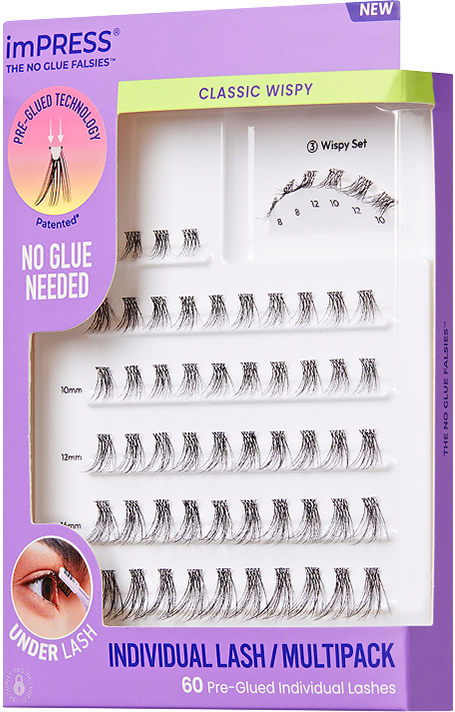 Kiss imPRESS Classic Wispy pre-glued individual lashes, 60-pack multipack set.