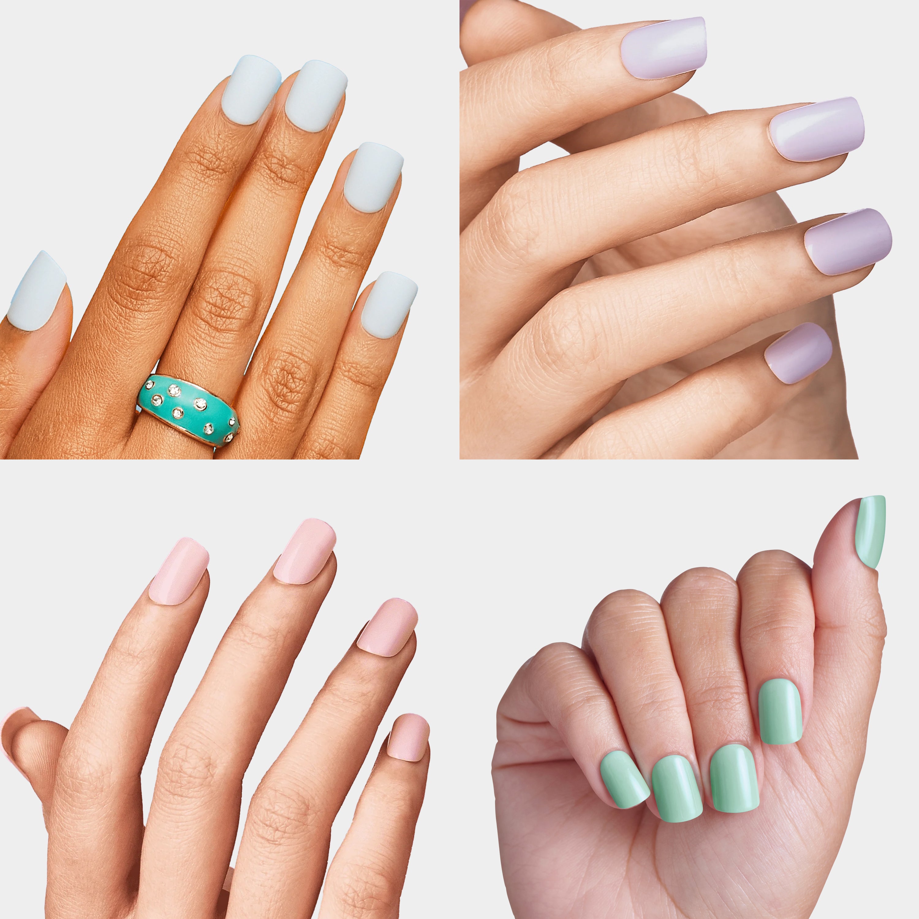 Four nail polish manicure swatches: light blue, lavender gradient, pink, and mint green designs.