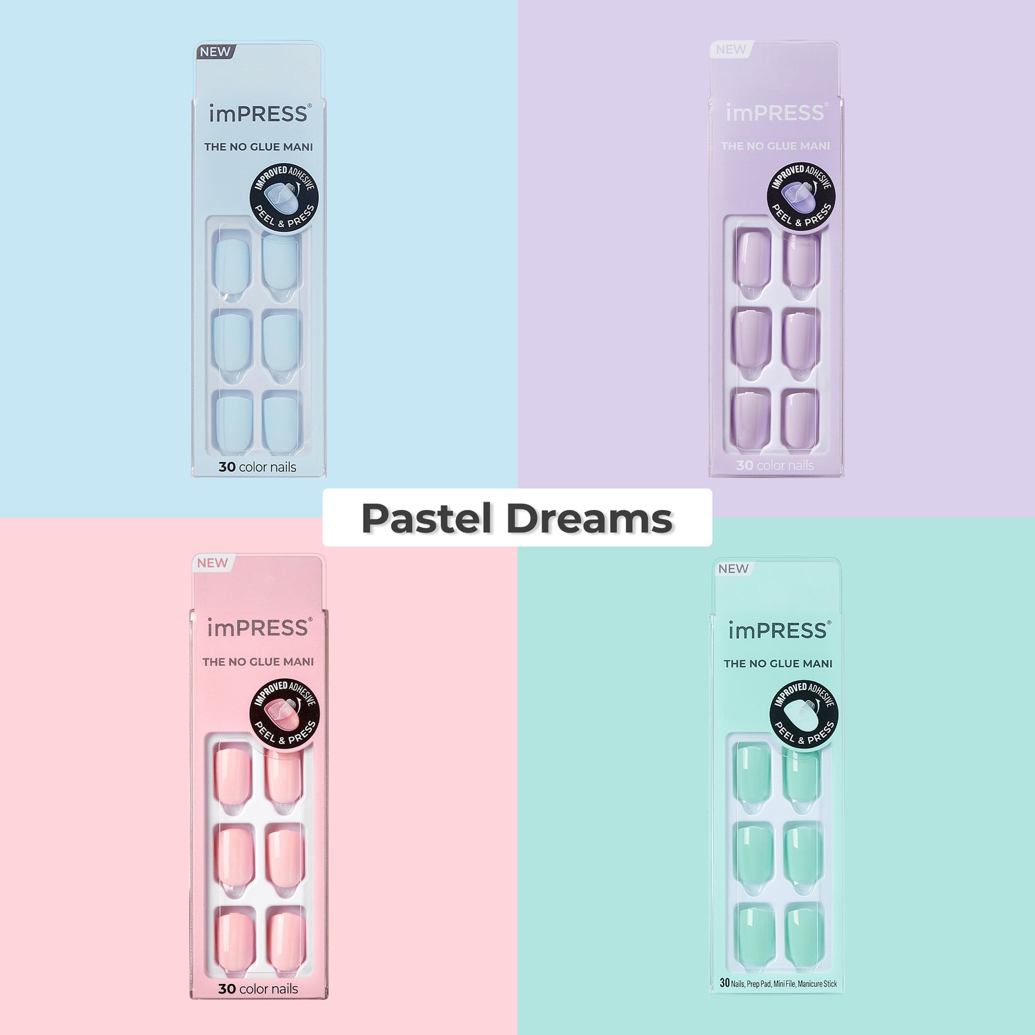 imPRESS Pastel Dreams nail collection in four soft colors, 30 nails per pack.