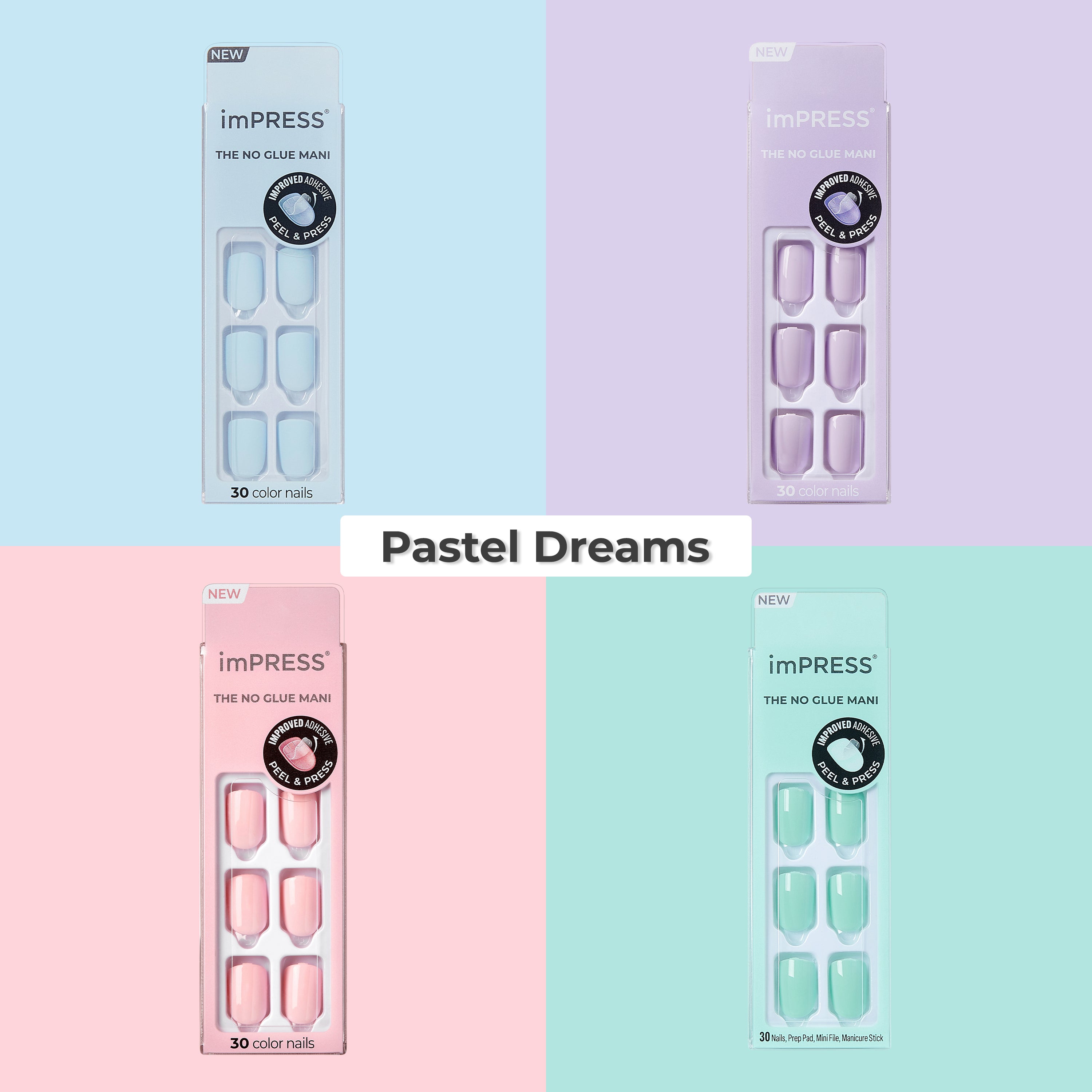 imPRESS Pastel Dreams nail collection in four soft colors, 30 nails per pack.