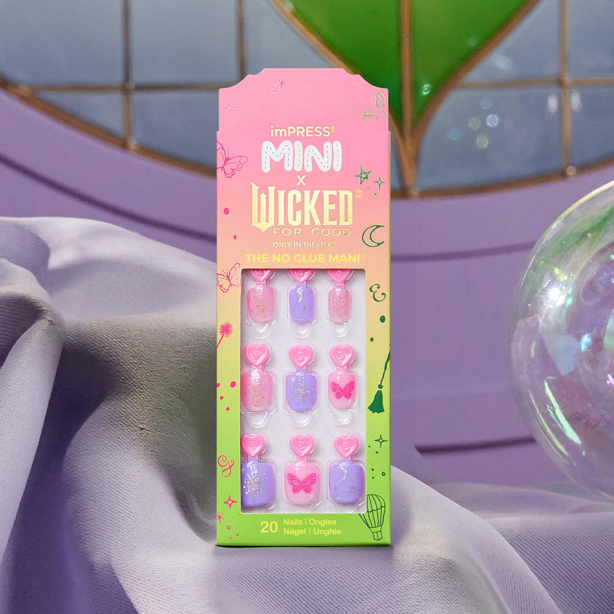 imPRESS Mini x Wicked For Good press-on nails, 20-piece set with pink and purple designs