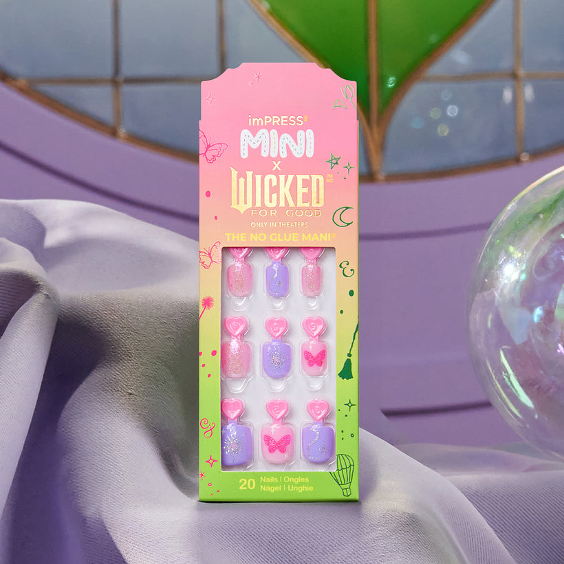 imPRESS Mini x Wicked For Good press-on nails, 20-piece set with pink and purple designs