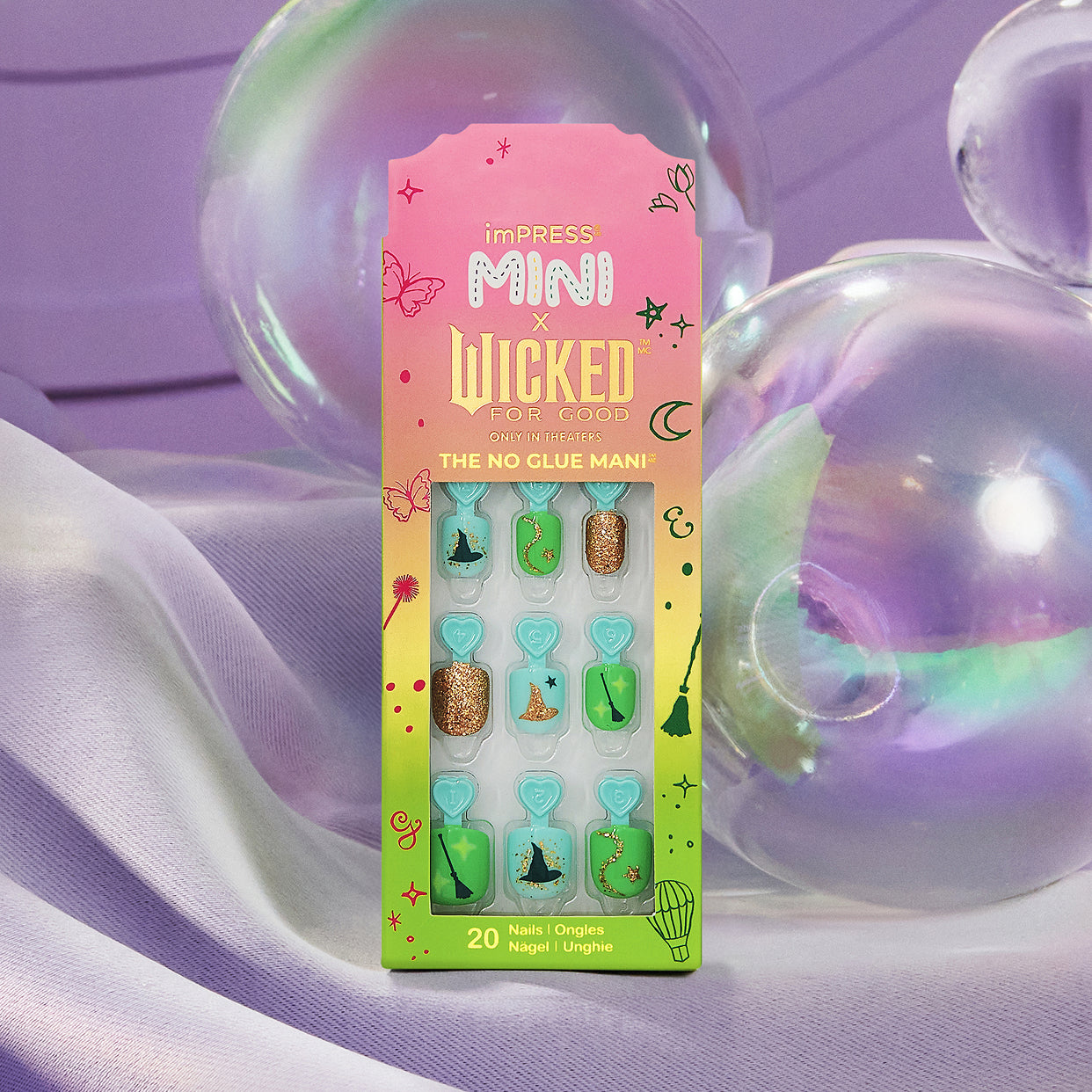imPRESS Mini Wicked For Good press-on nails with witch-themed designs, 20 nails displayed.