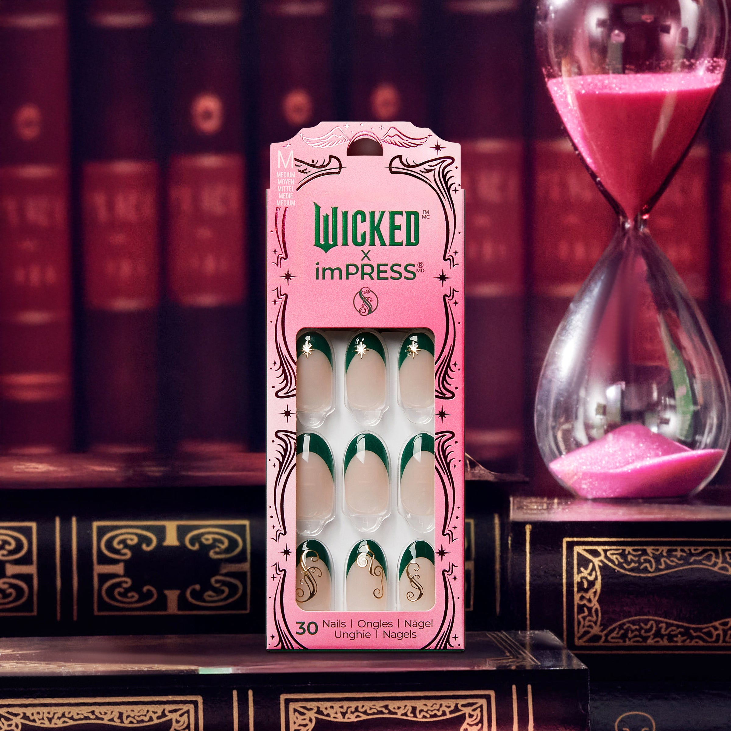 Wicked x imPRESS press-on nails in green and nude with decorative designs, 30 count.