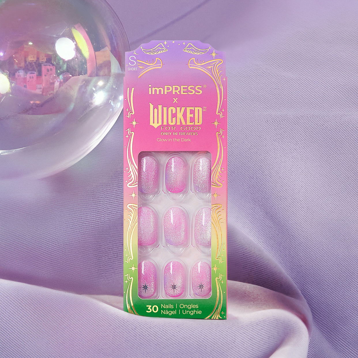 imPRESS x Wicked For Good press-on nails in pink glitter, 30 count package