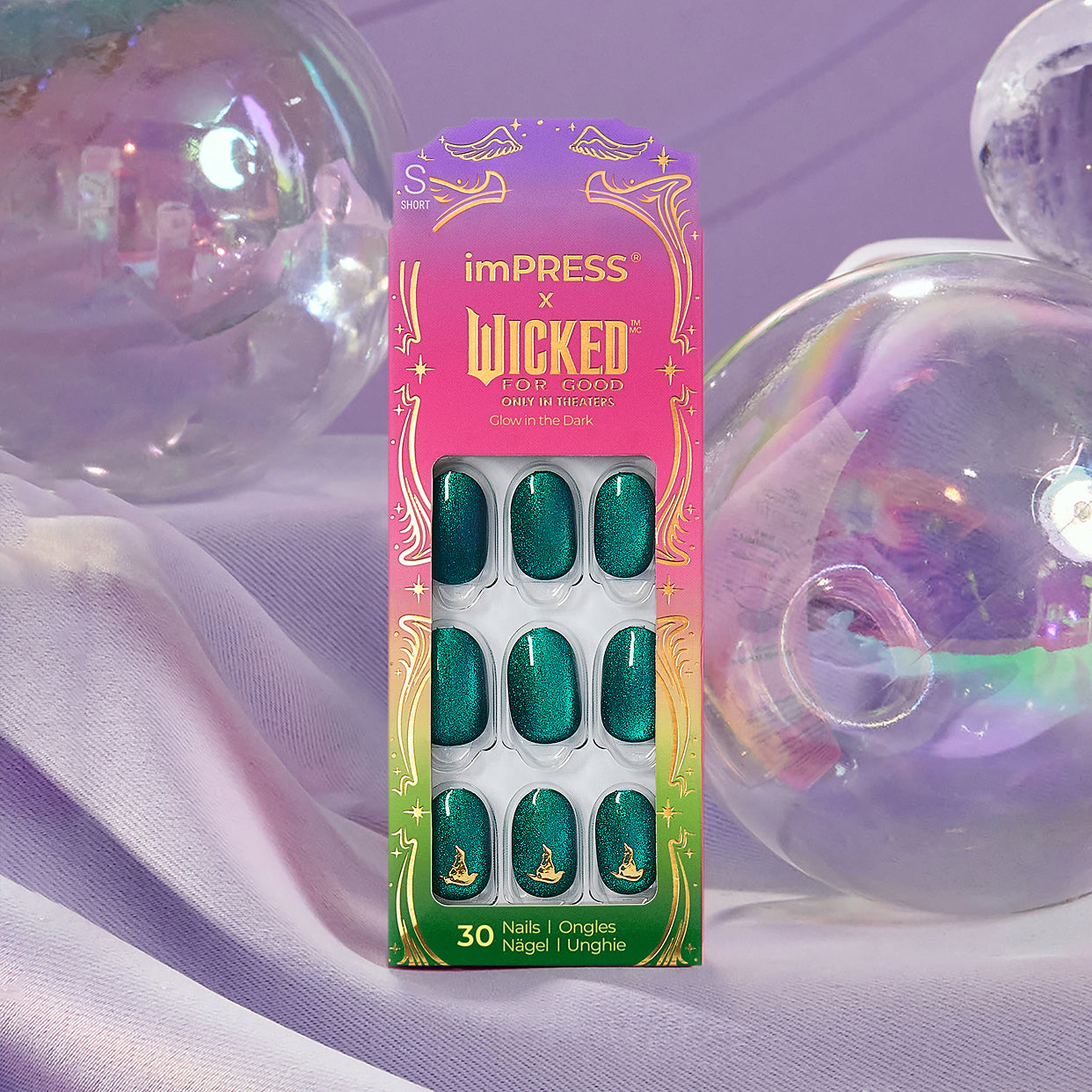 imPRESS Wicked For Good press-on nails in teal with gold sparkle, 30 count pack.