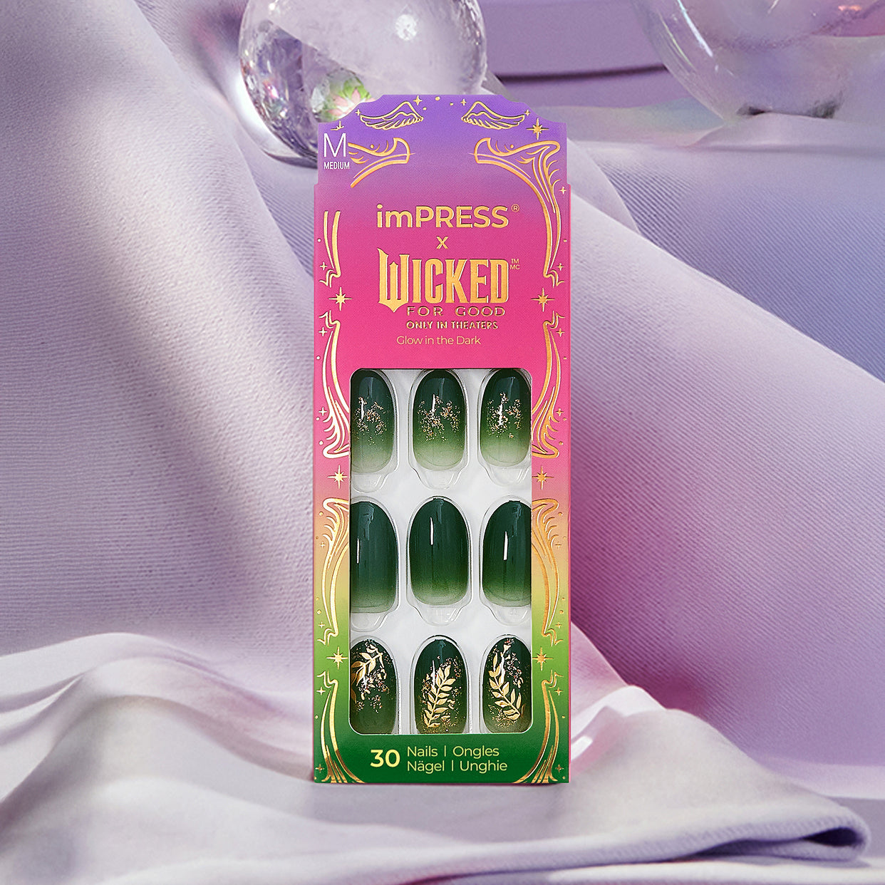 imPRESS x Wicked press-on nails, medium size, green with gold accents, glow-in-dark, 30 pack.