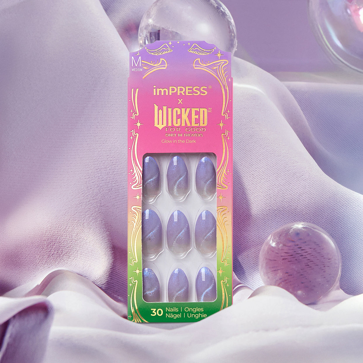 imPRESS x Wicked press-on nails, purple glow-in-the-dark design, 30 nails.