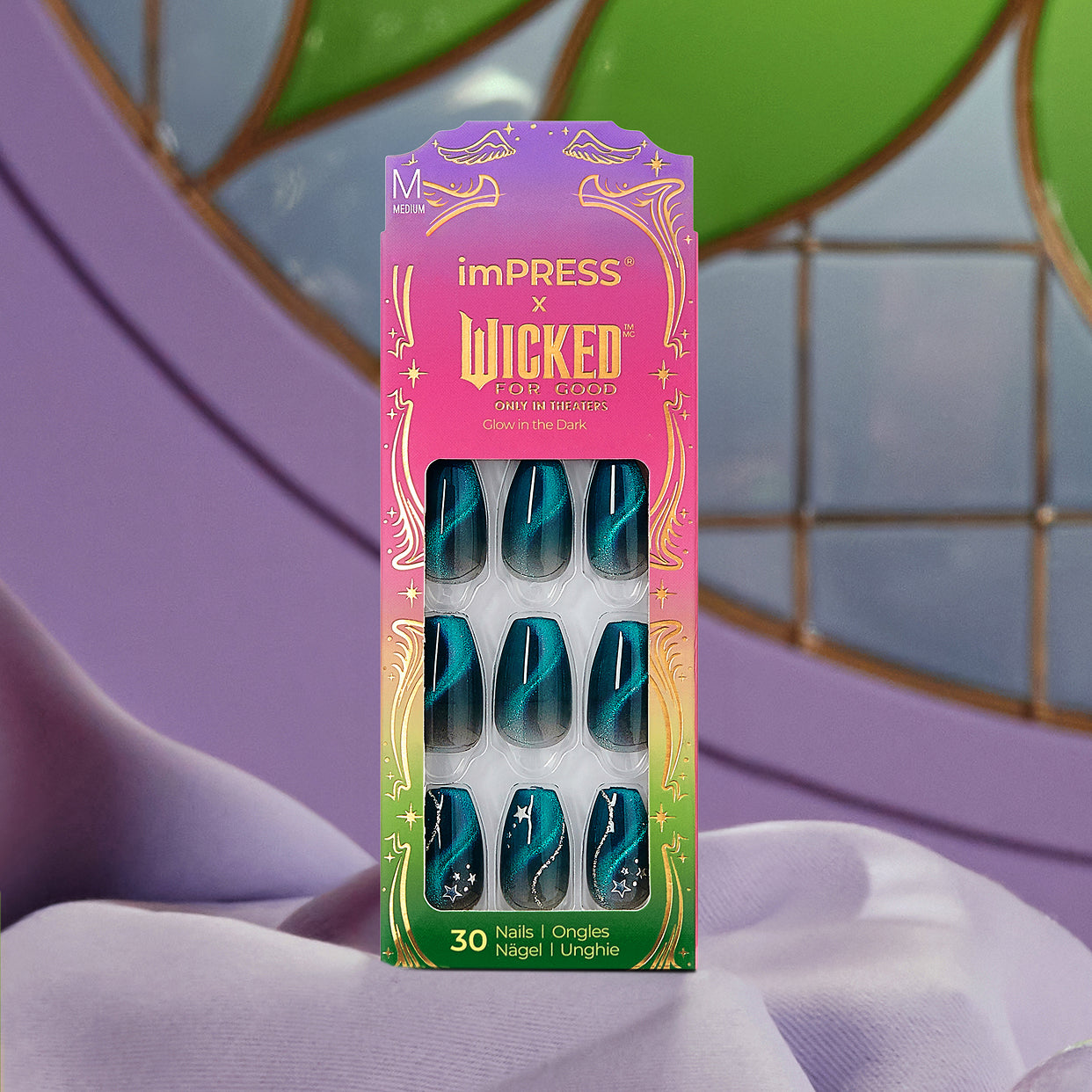 imPRESS x Wicked For Good press-on nails, medium size, glow-in-dark teal design with 30 nails.