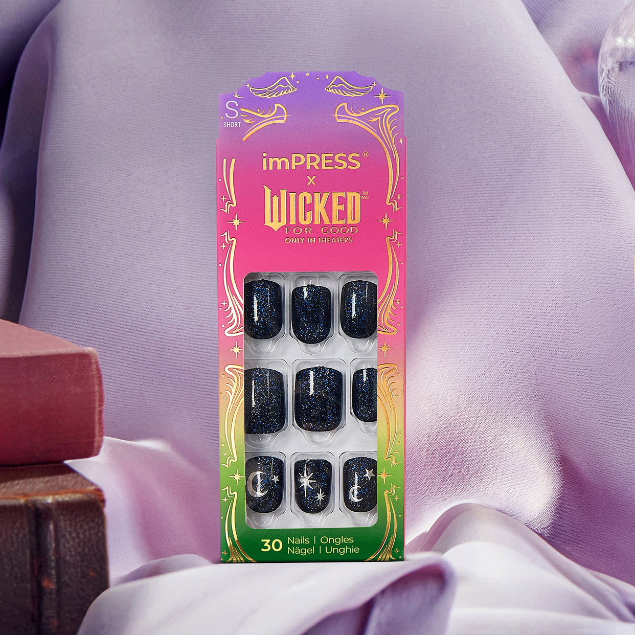 imPRESS x Wicked nail set with black glitter design, 30 nails, short length