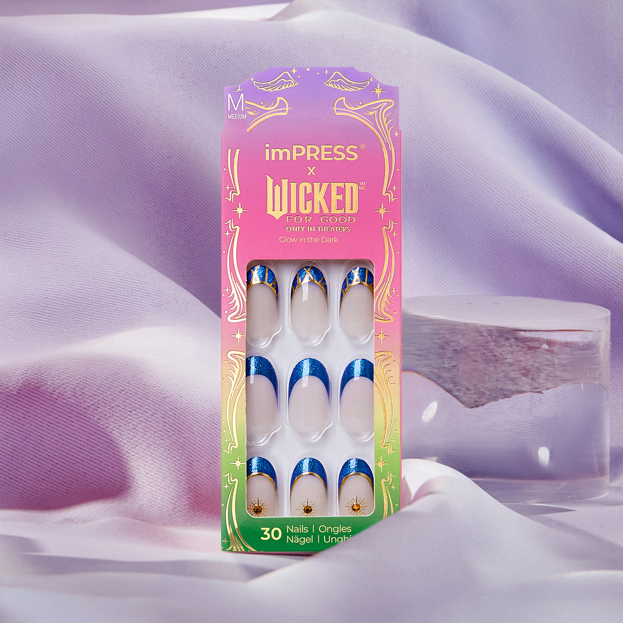 imPRESS x Wicked For Good press-on nails, 30-pack, blue and gold design
