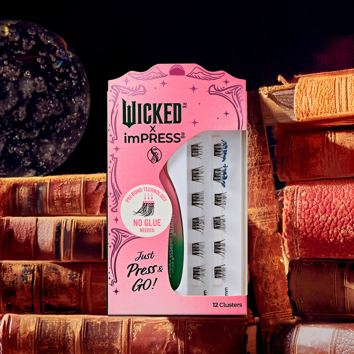 Wicked x imPress press-on lashes, 12 clusters, no glue needed, pink packaging with books.