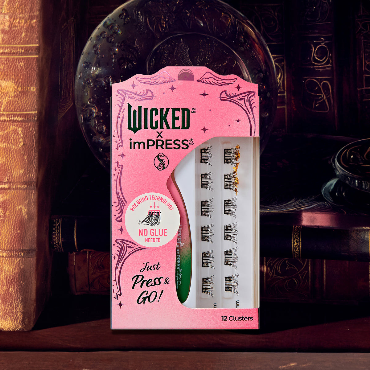 Wicked x imPRESS false eyelashes, pink packaging, 12 clusters, pre-bond technology, no glue needed.
