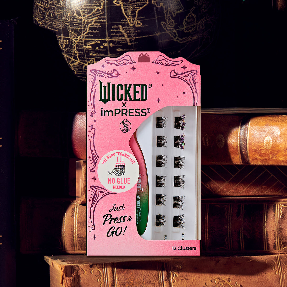 Wicked x imPRESS false eyelashes, 12 clusters, press-on lashes, pink packaging.