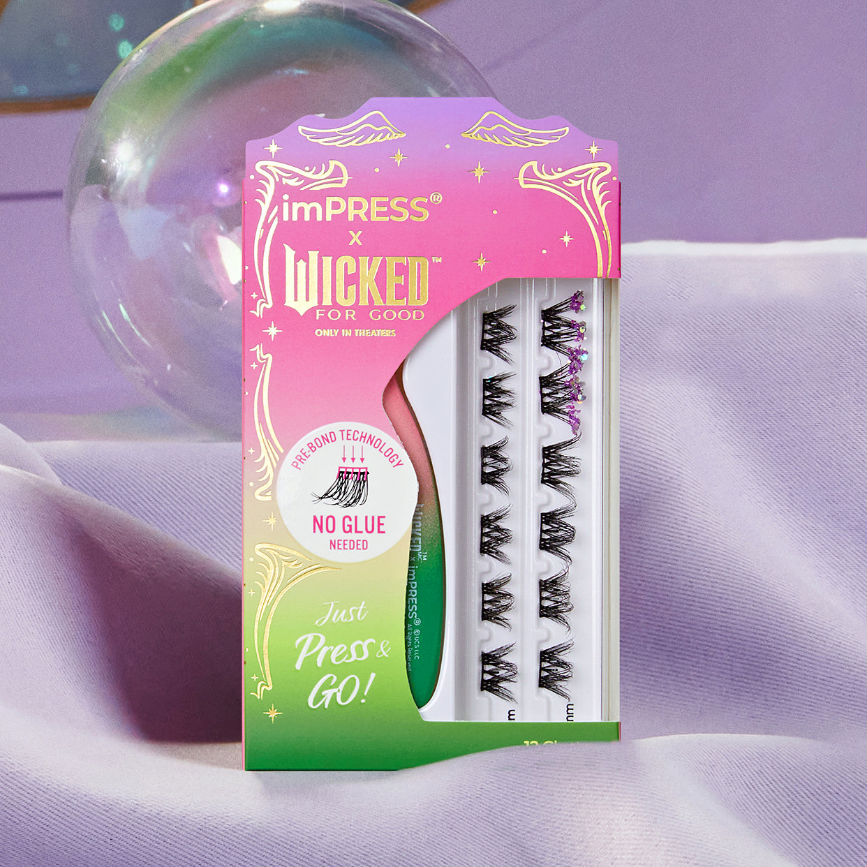 imPRESS x Wicked For Good press-on lashes, no glue needed, pink packaging
