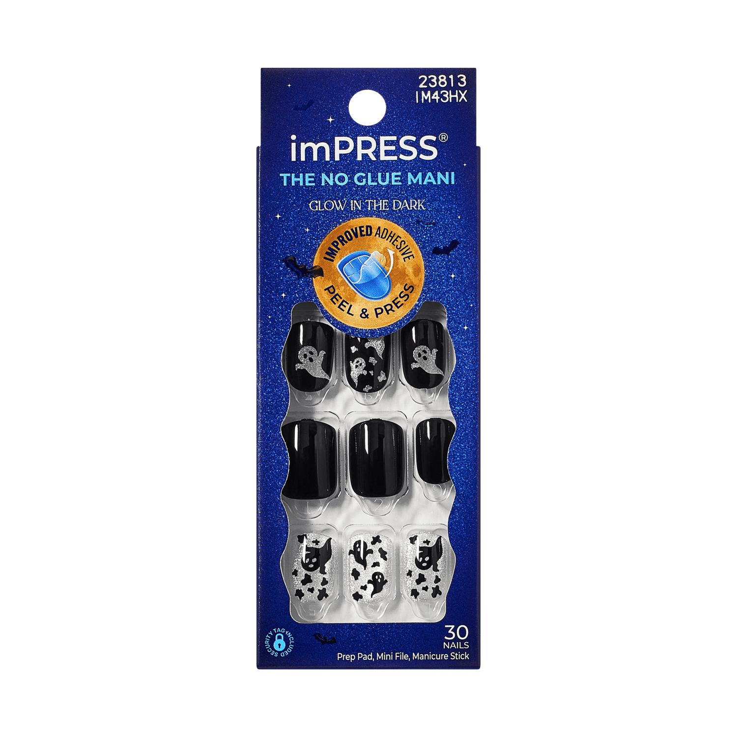 Impress Design Halloween No Glue Fake Press On Nails - Haunt Me | Design, Black, Short, Squoval, Glow In The Dark, Manicure