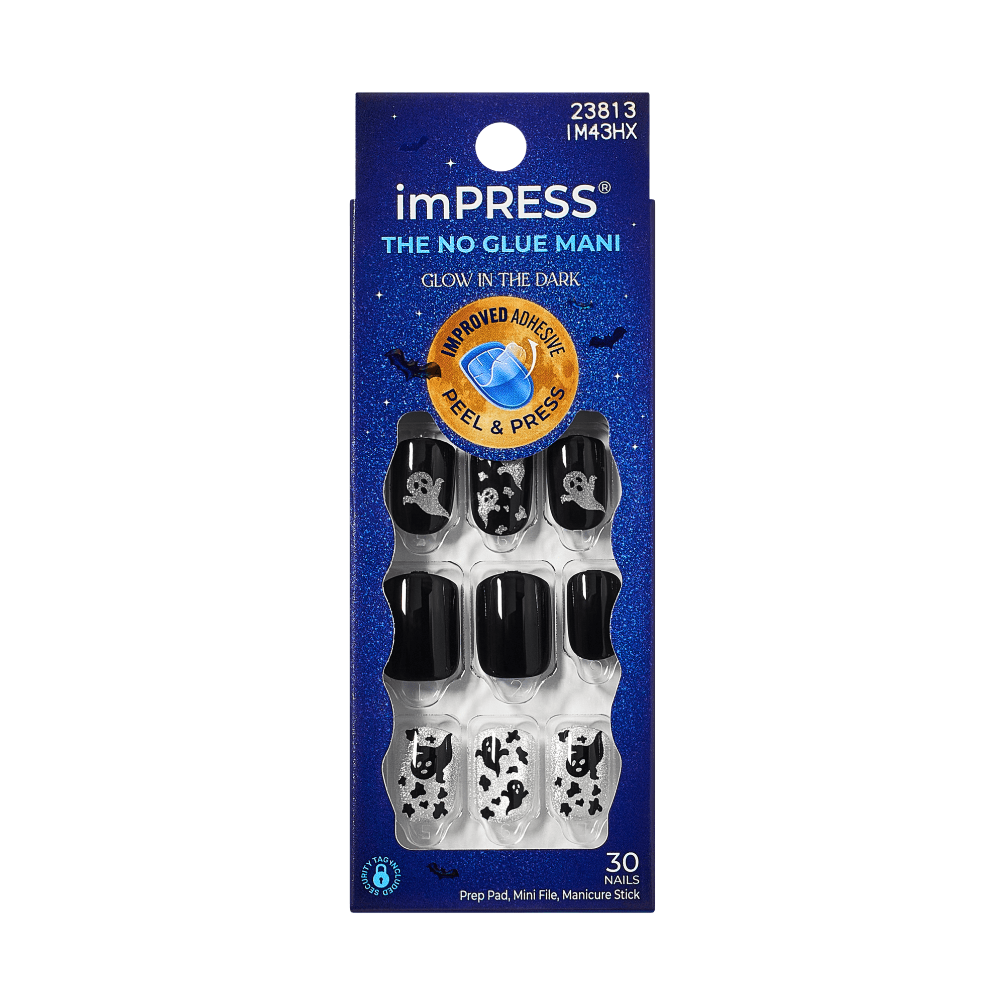 Impress Design Halloween No Glue Fake Press On Nails - Haunt Me | Design, Black, Short, Squoval, Glow In The Dark, Manicure