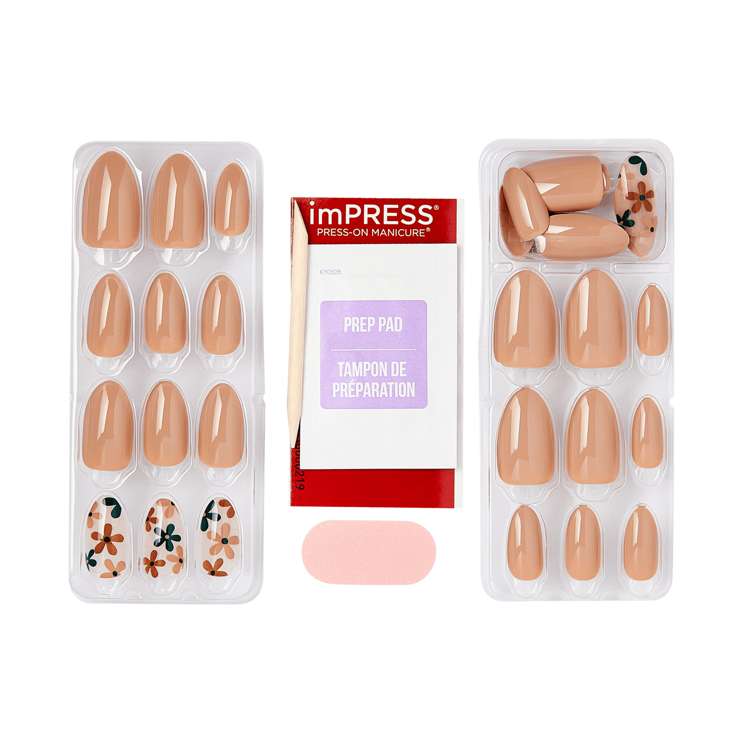 Set of glossy press-on nails in nude and floral designs arranged in two plastic trays, with a red and white prep pad package labeled \