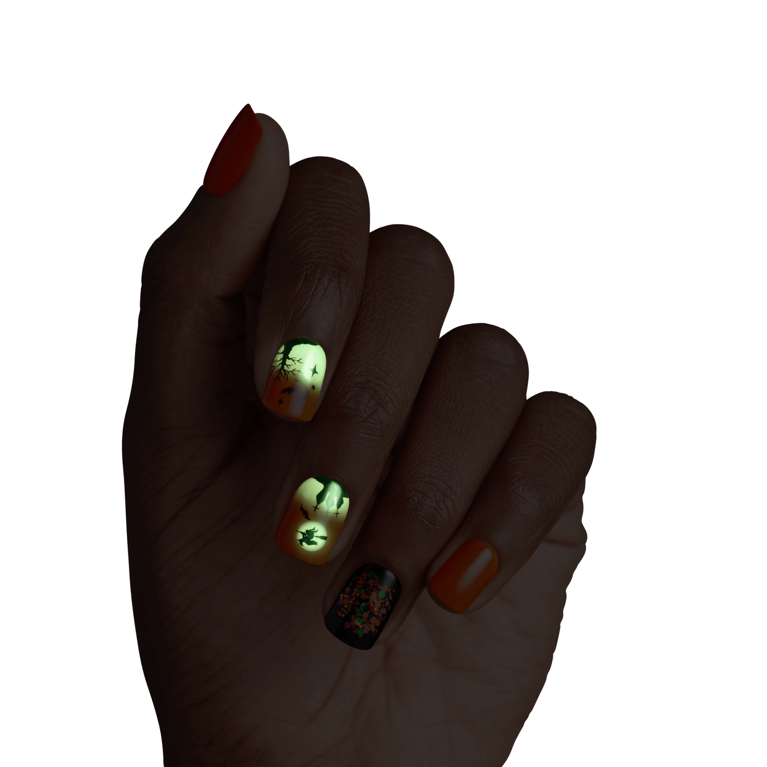 Impress Design Halloween No Glue Fake Press On Nails - Eternal Night | Design, Orange &amp; Black, Short, Squoval, Glow In The Dark, Manicure