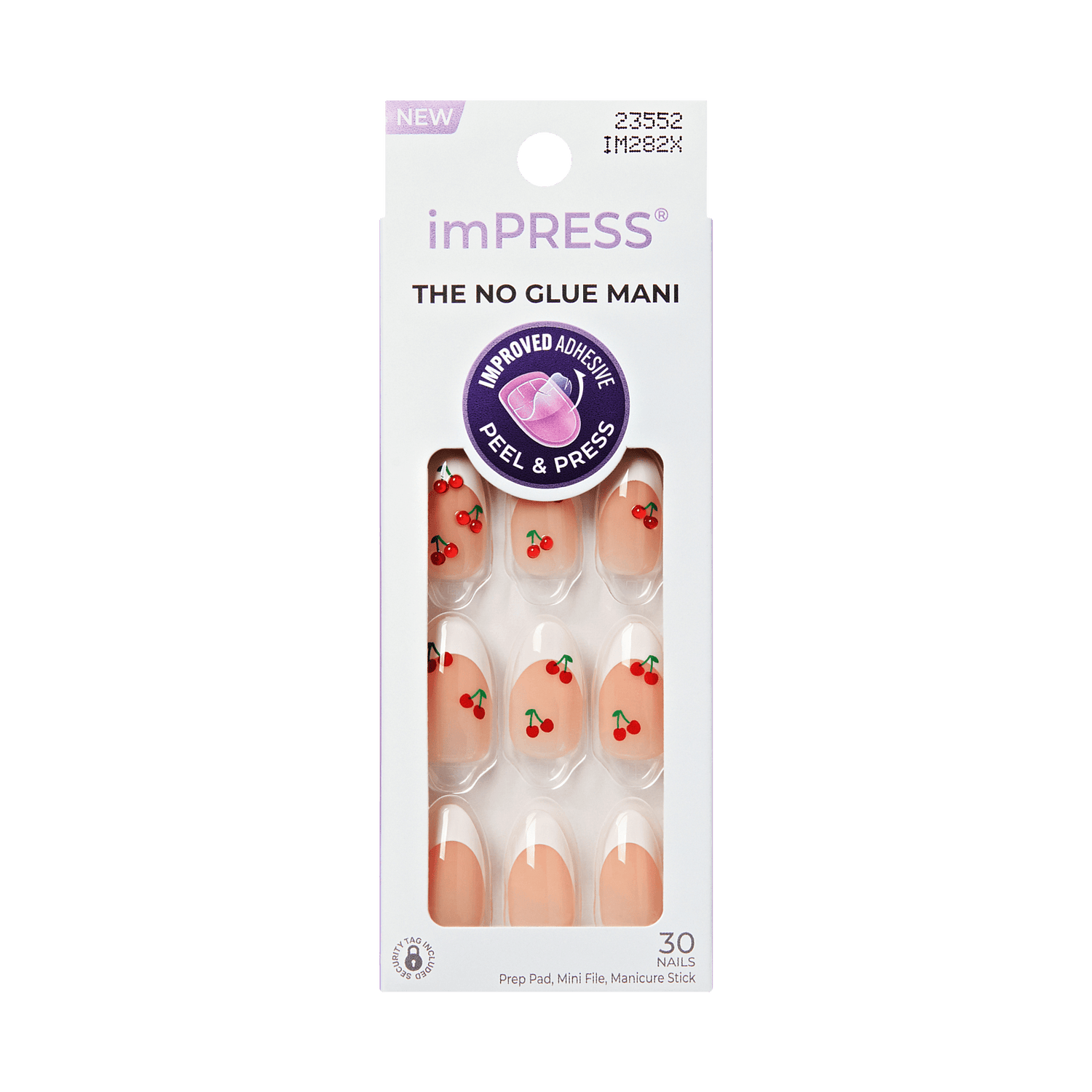 imPRESS no glue mani packaging with cherry design on a green background