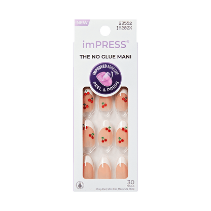 imPRESS no glue mani packaging with cherry design on a green background