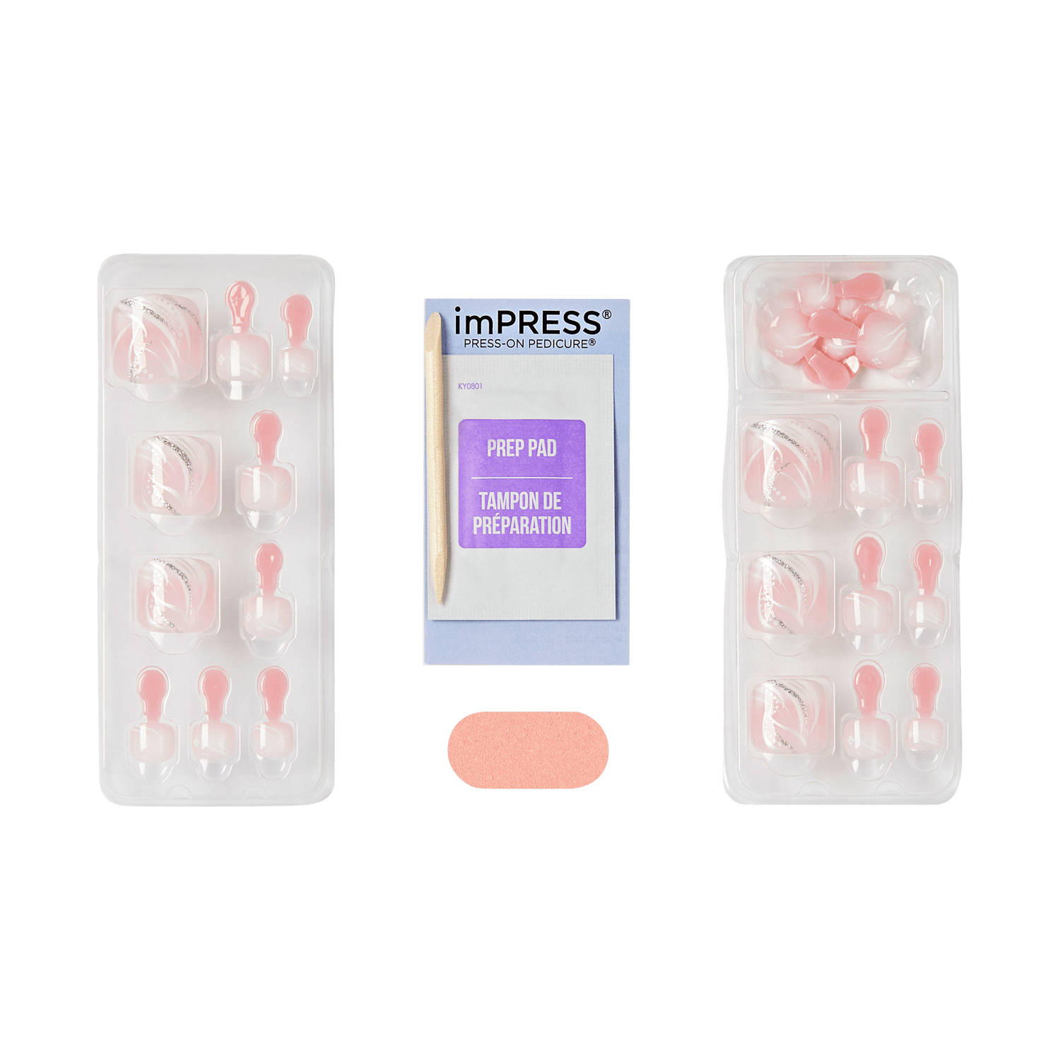 Two nail trays of press on toenails, including a nail prep pad and pink file