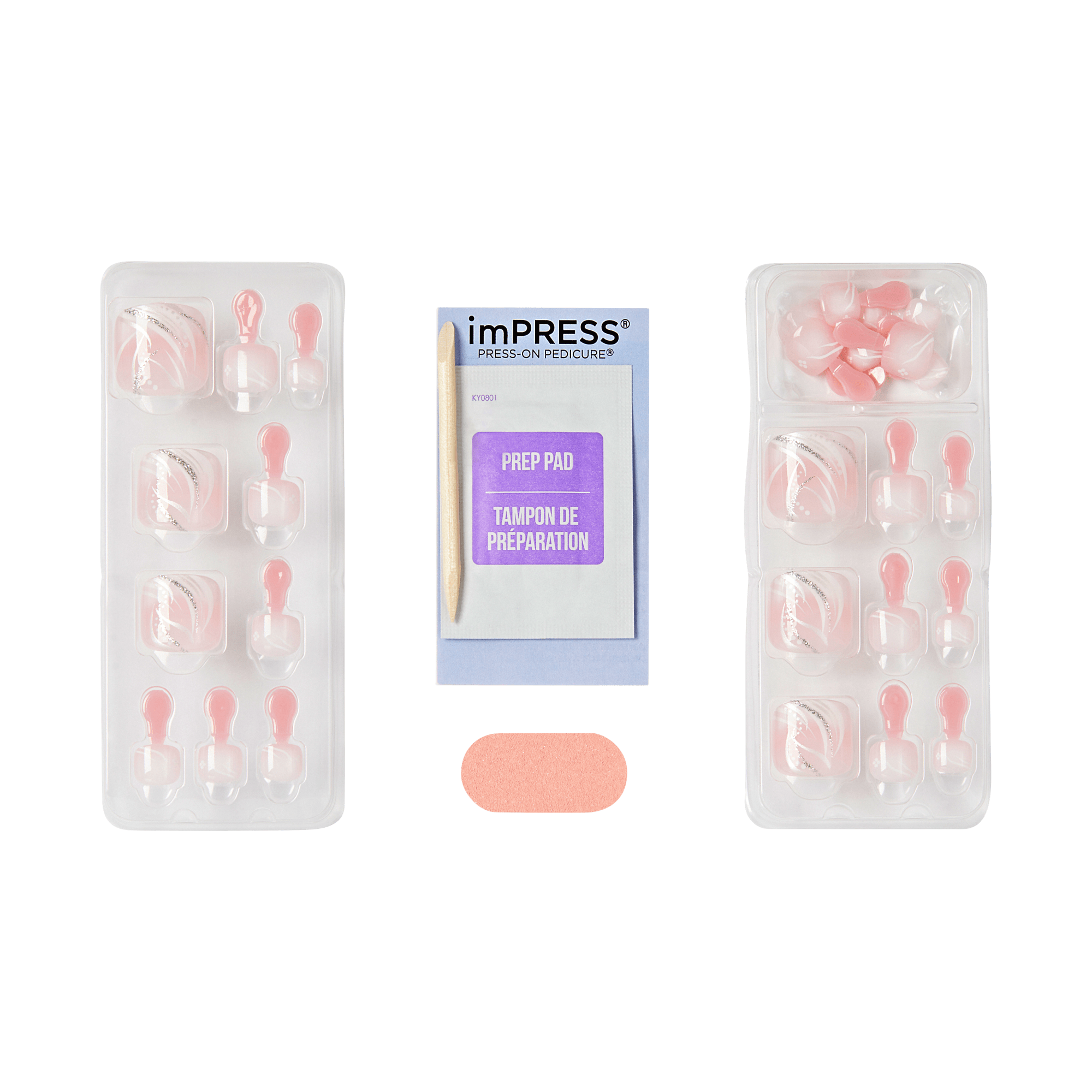Two nail trays of press on toenails, including a nail prep pad and pink file