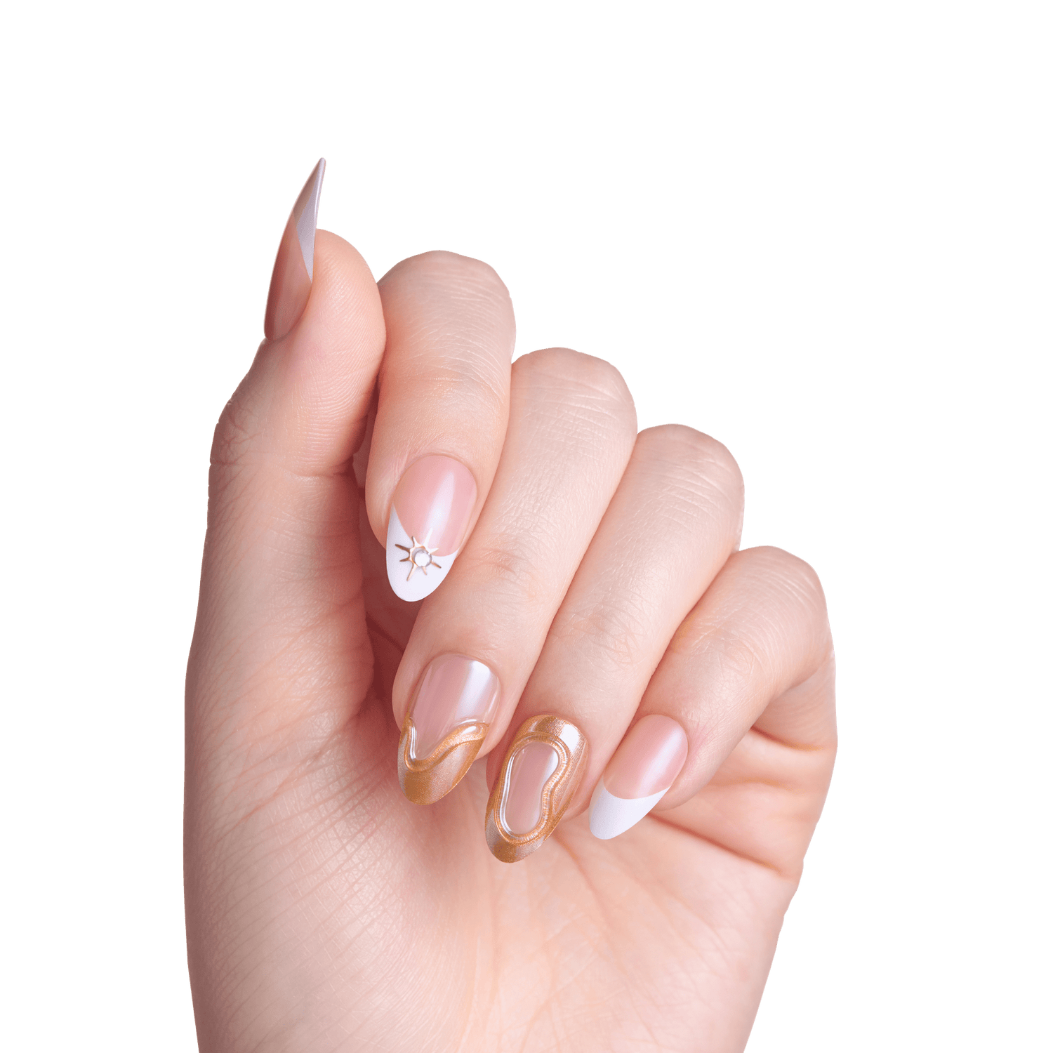 Impress Premium No Glue Fake Press On Nails - No Tears | French Design, White &amp; Gold, Medium, Almond, Manicure