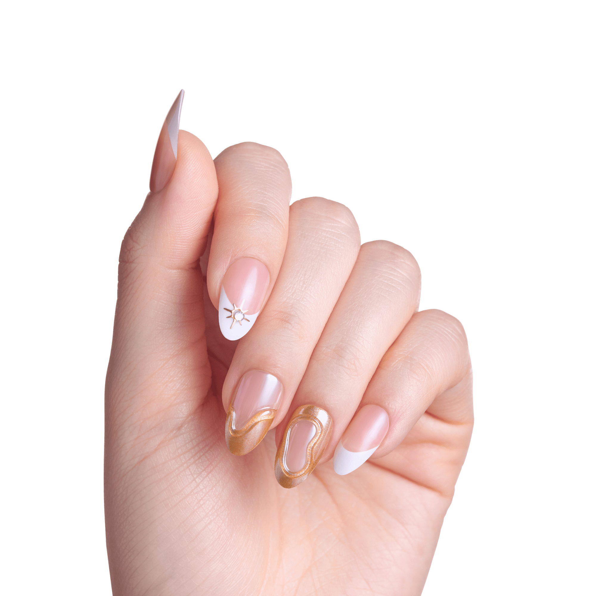Impress Premium No Glue Fake Press On Nails - No Tears | French Design, White &amp; Gold, Medium, Almond, Manicure