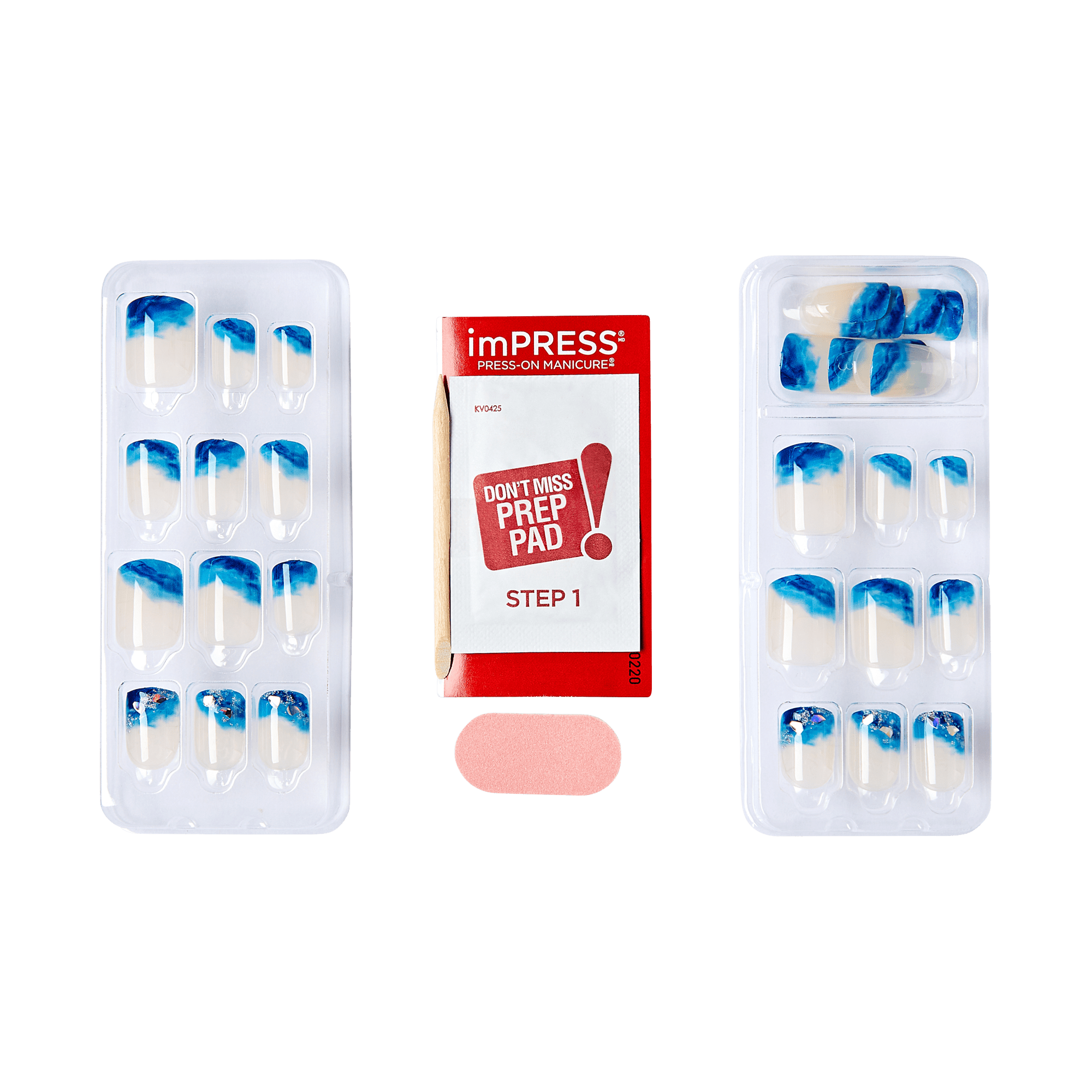 Two trays of press-on nails with blue and white gradient designs, a red and white prep pad packet labeled \
