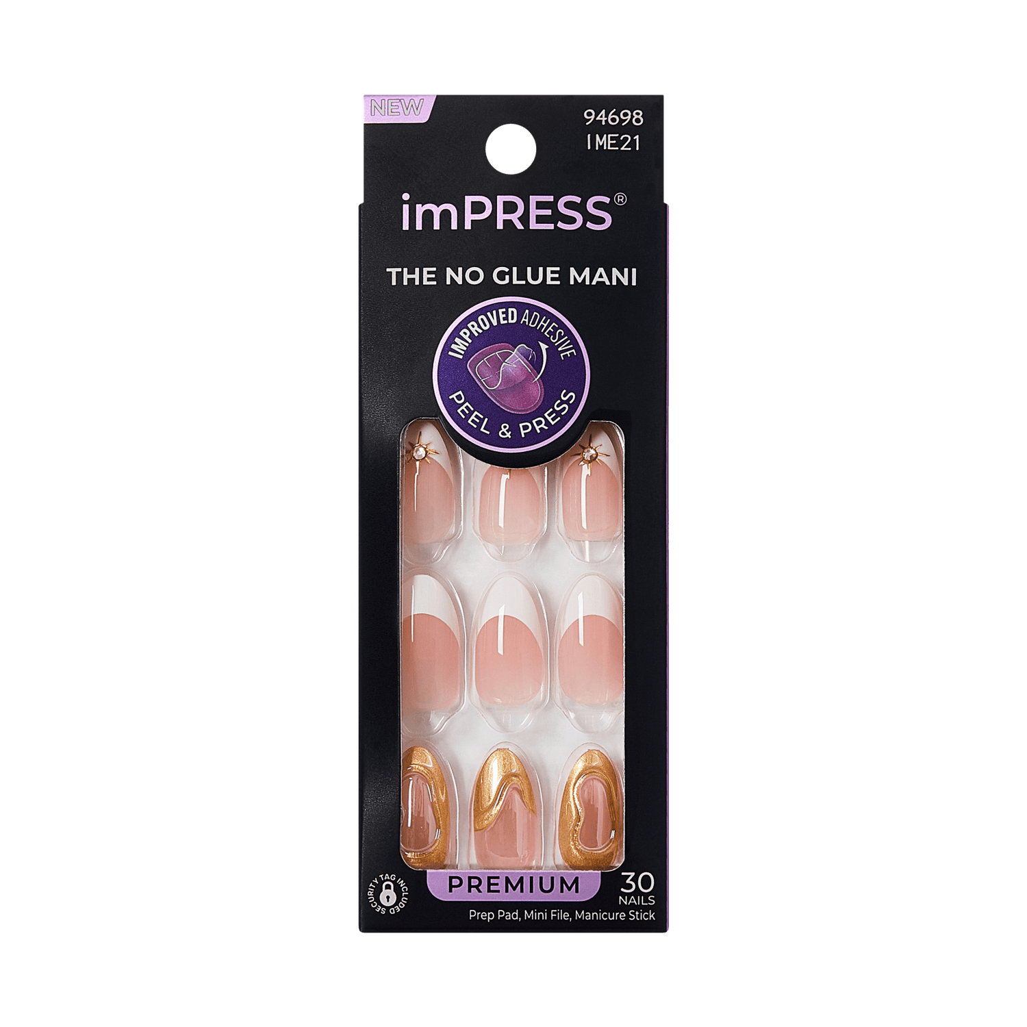Impress Premium No Glue Fake Press On Nails - No Tears | French Design, White &amp; Gold, Medium, Almond, Manicure