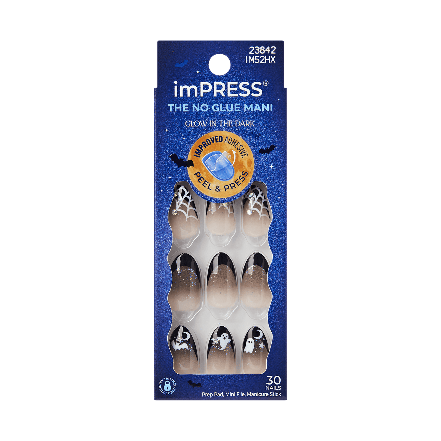 Impress Design Halloween No Glue Fake Press On Nails - Boo Proof | French Design, Black, Medium, Almond, Glow In The Dark, Manicure