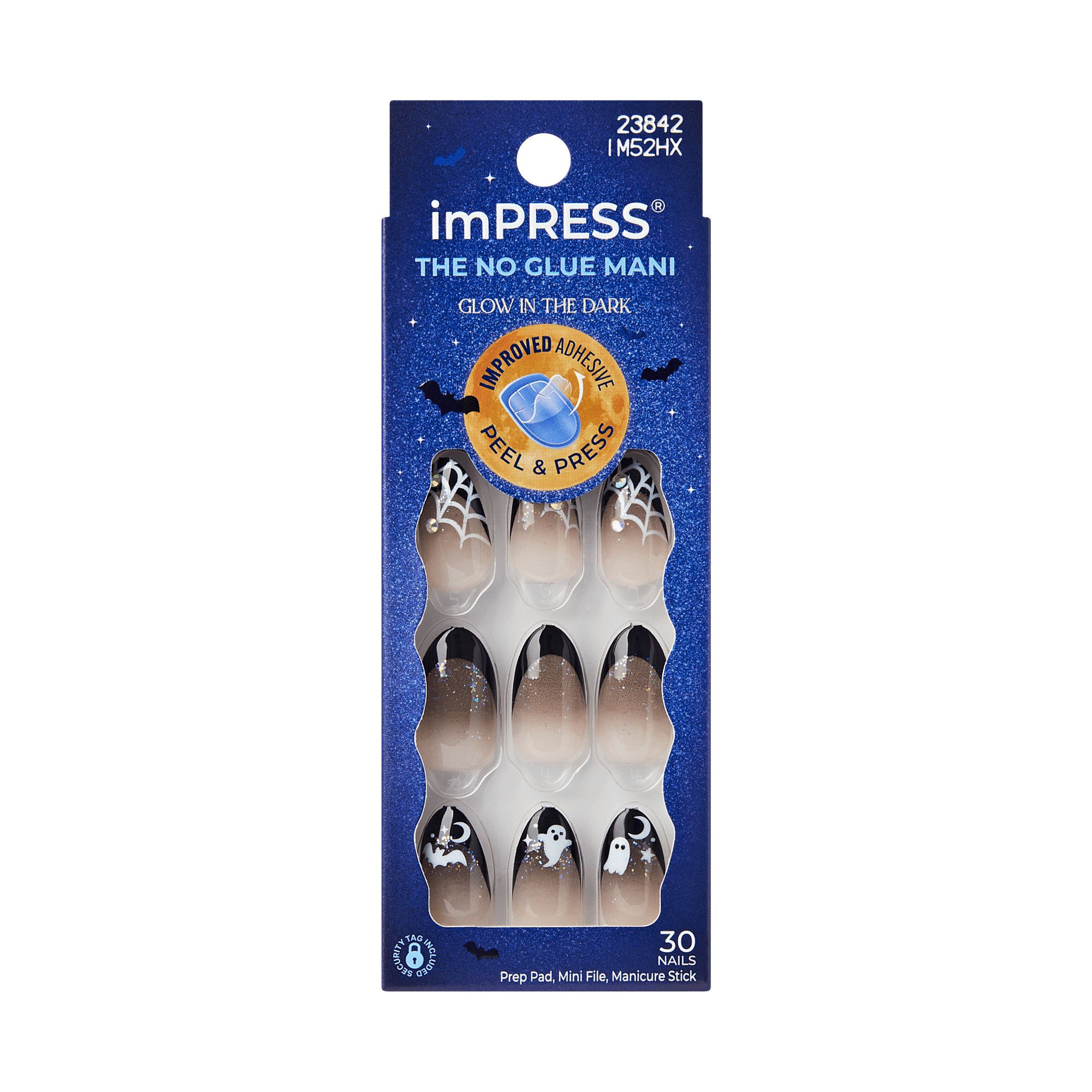 Impress Design Halloween No Glue Fake Press On Nails - Boo Proof | French Design, Black, Medium, Almond, Glow In The Dark, Manicure