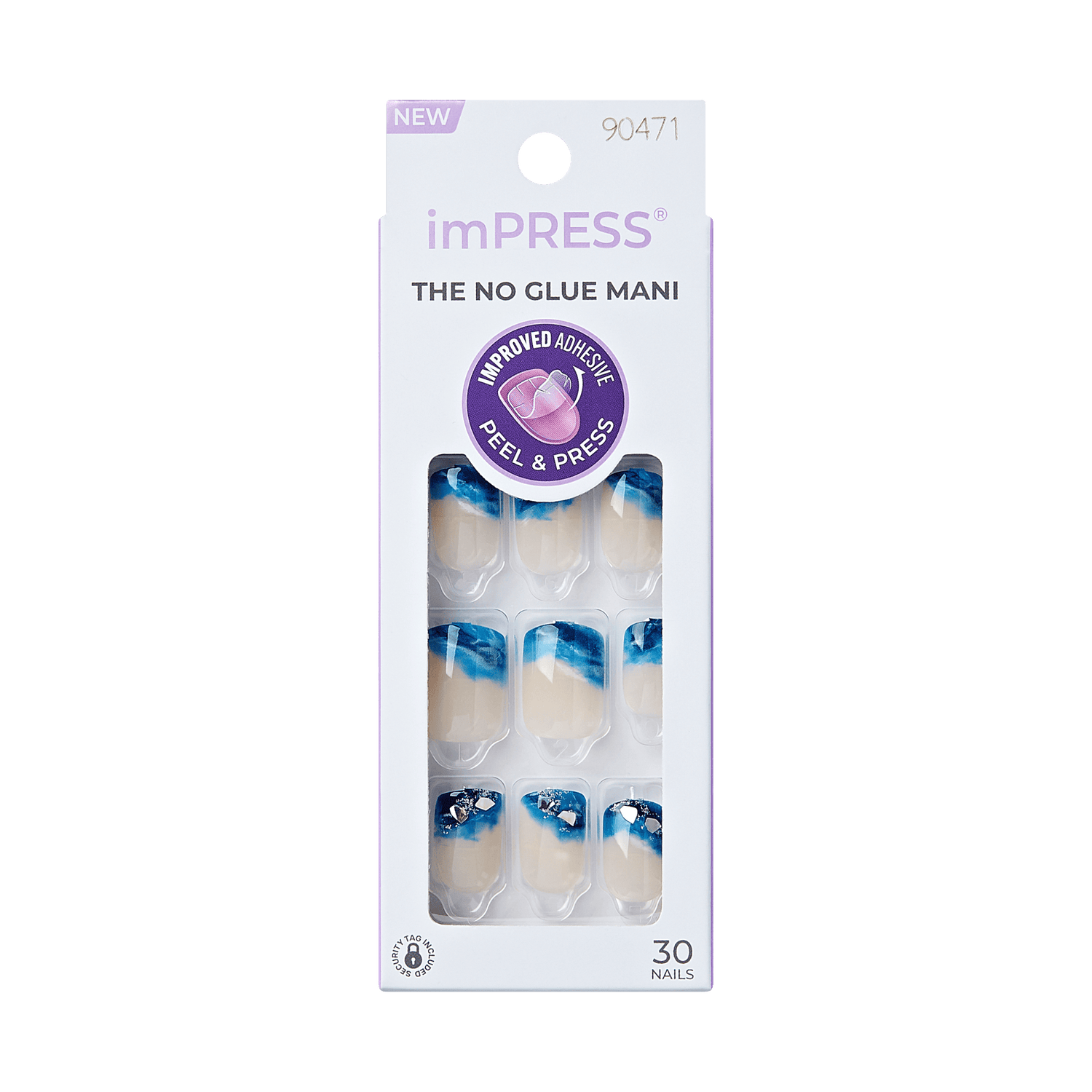 imPRESS The No Glue Mani press-on nails with blue and white design, 30 count pack.