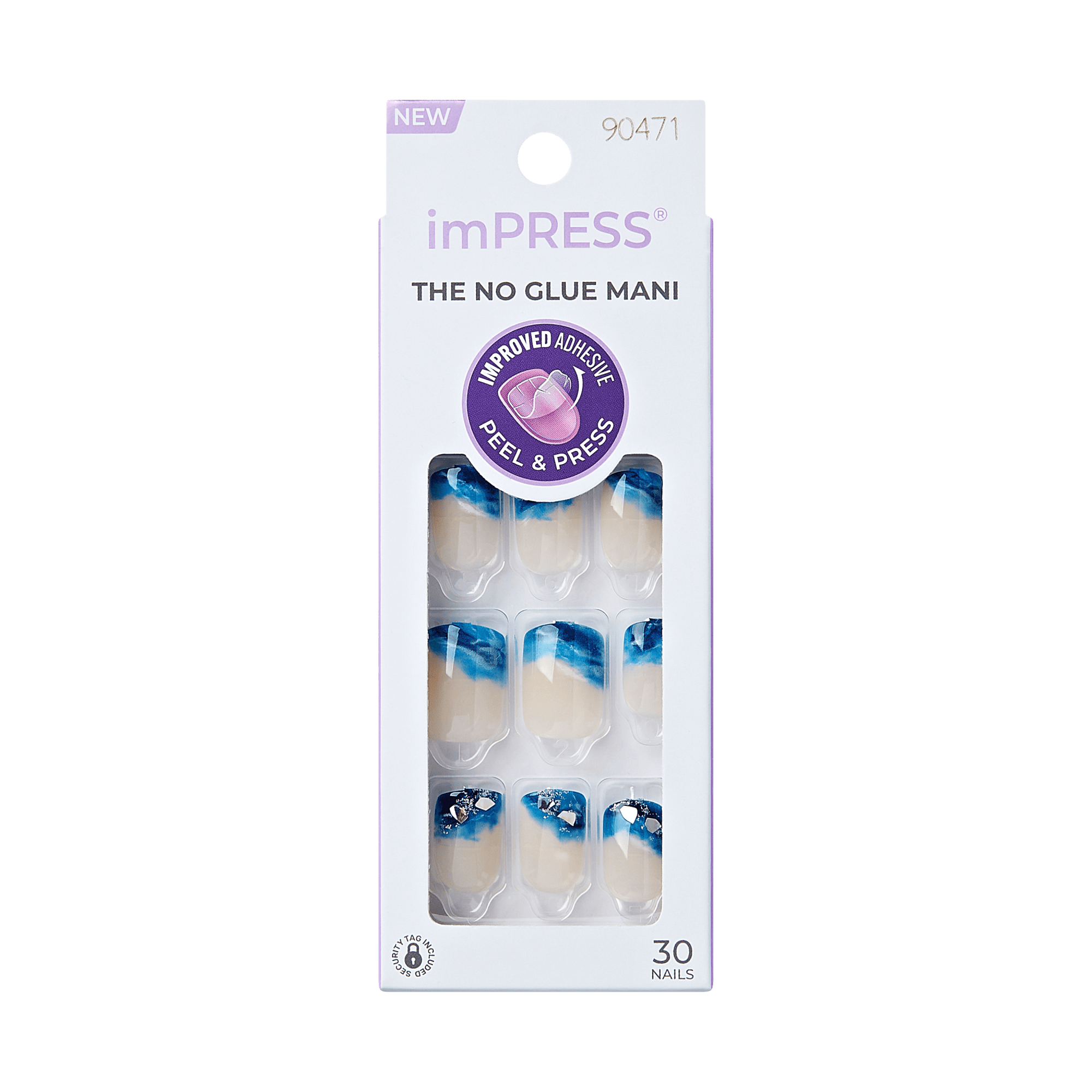 imPRESS The No Glue Mani press-on nails with blue and white design, 30 count pack.