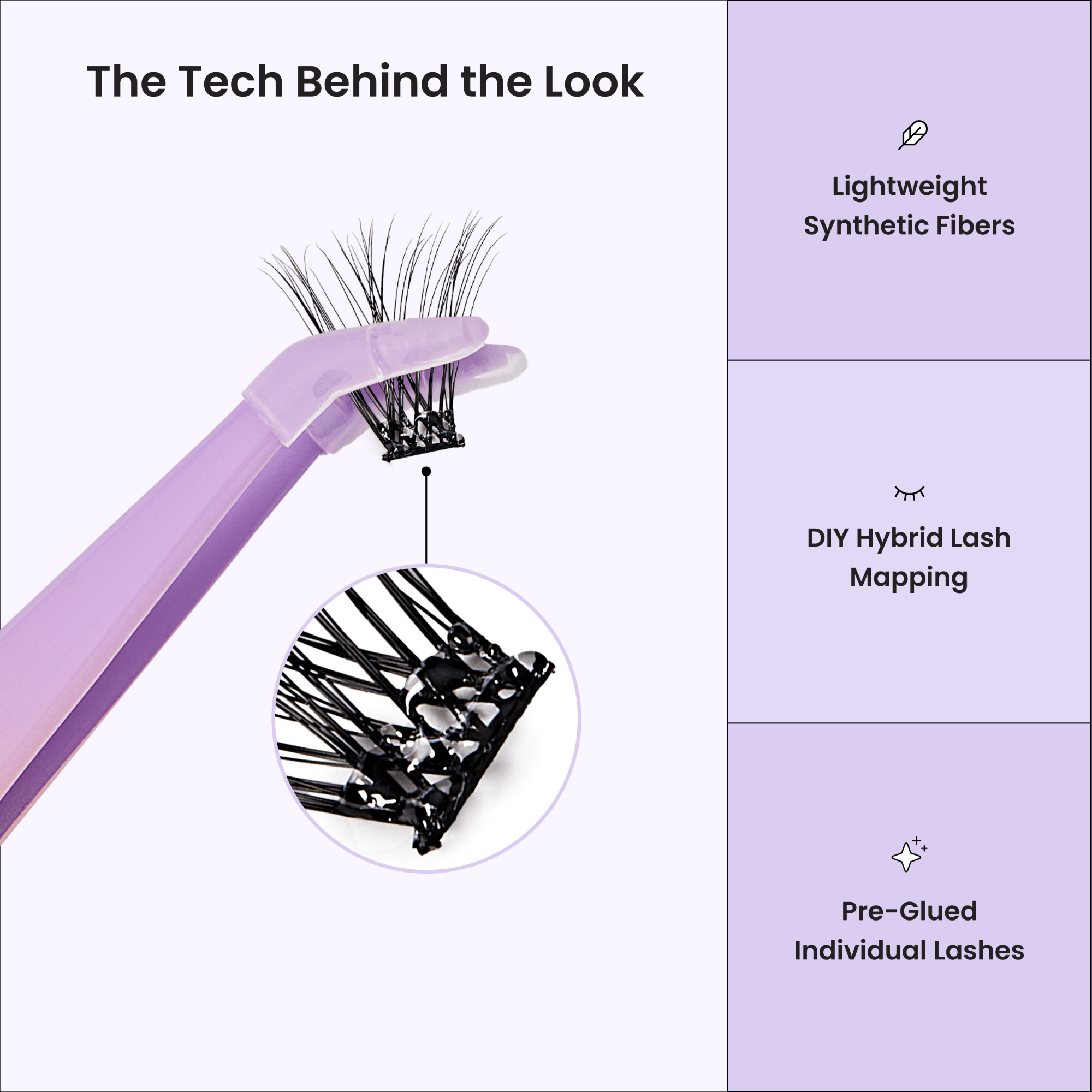 Lash extension tool with text detailing features on a light purple background