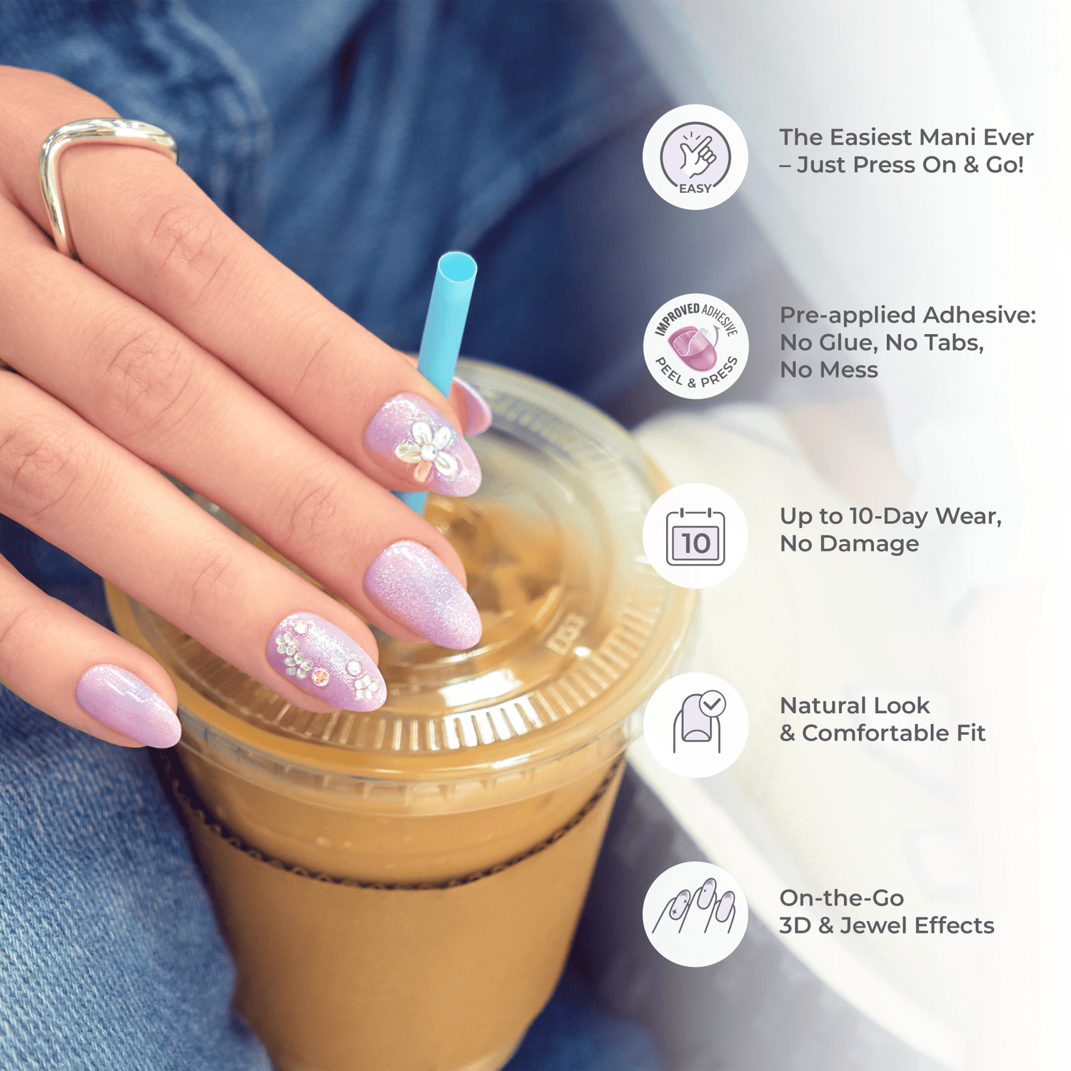Impress Premium No Glue Fake Press On Nails - No Tears | French Design, White &amp; Gold, Medium, Almond, Manicure