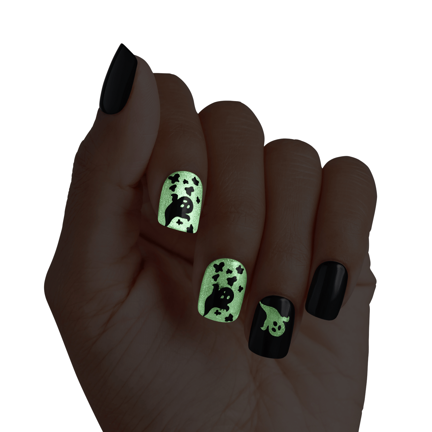 Impress Design Halloween No Glue Fake Press On Nails - Haunt Me | Design, Black, Short, Squoval, Glow In The Dark, Manicure
