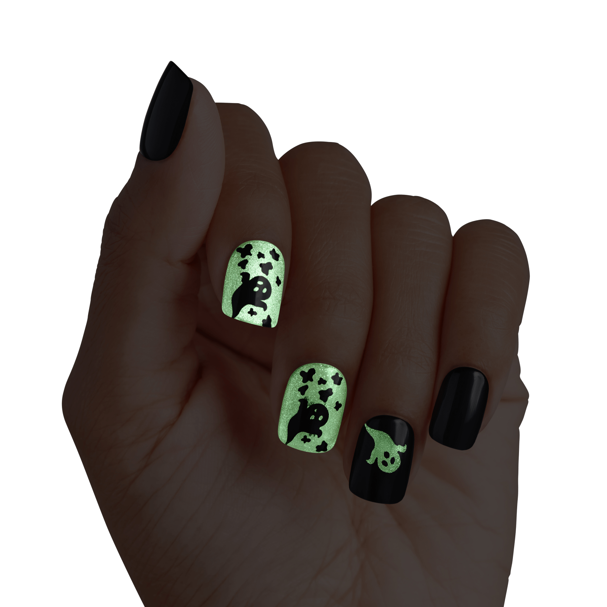 Impress Design Halloween No Glue Fake Press On Nails - Haunt Me | Design, Black, Short, Squoval, Glow In The Dark, Manicure