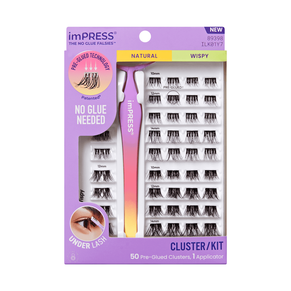 Impress Falsies Pre-Glued False Eyelashes Starter Kit - Natural &amp; Wispy | 50 Lash Clusters, With Applicator, 10mm-14mm