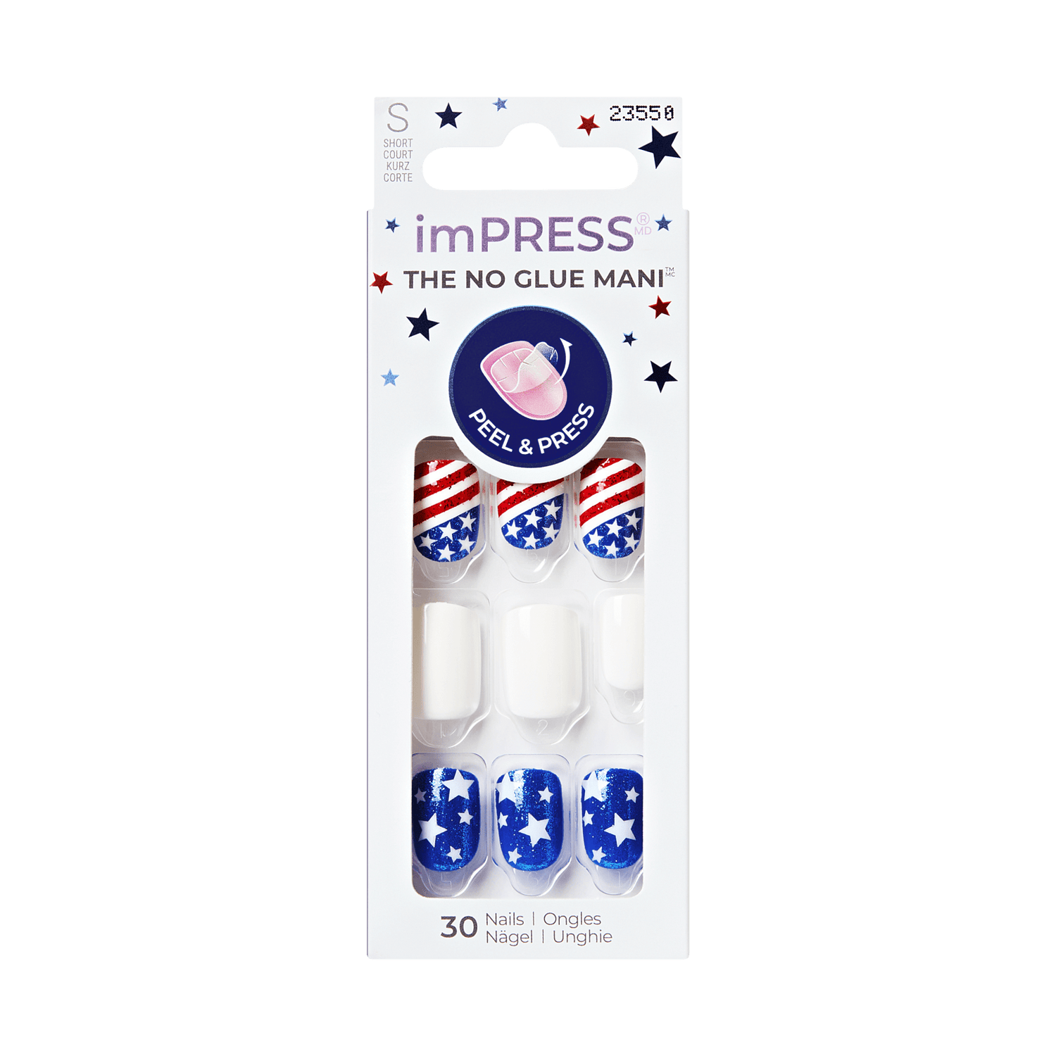 Packaging of imPRESS no glue nail art with American flag design on a clear background