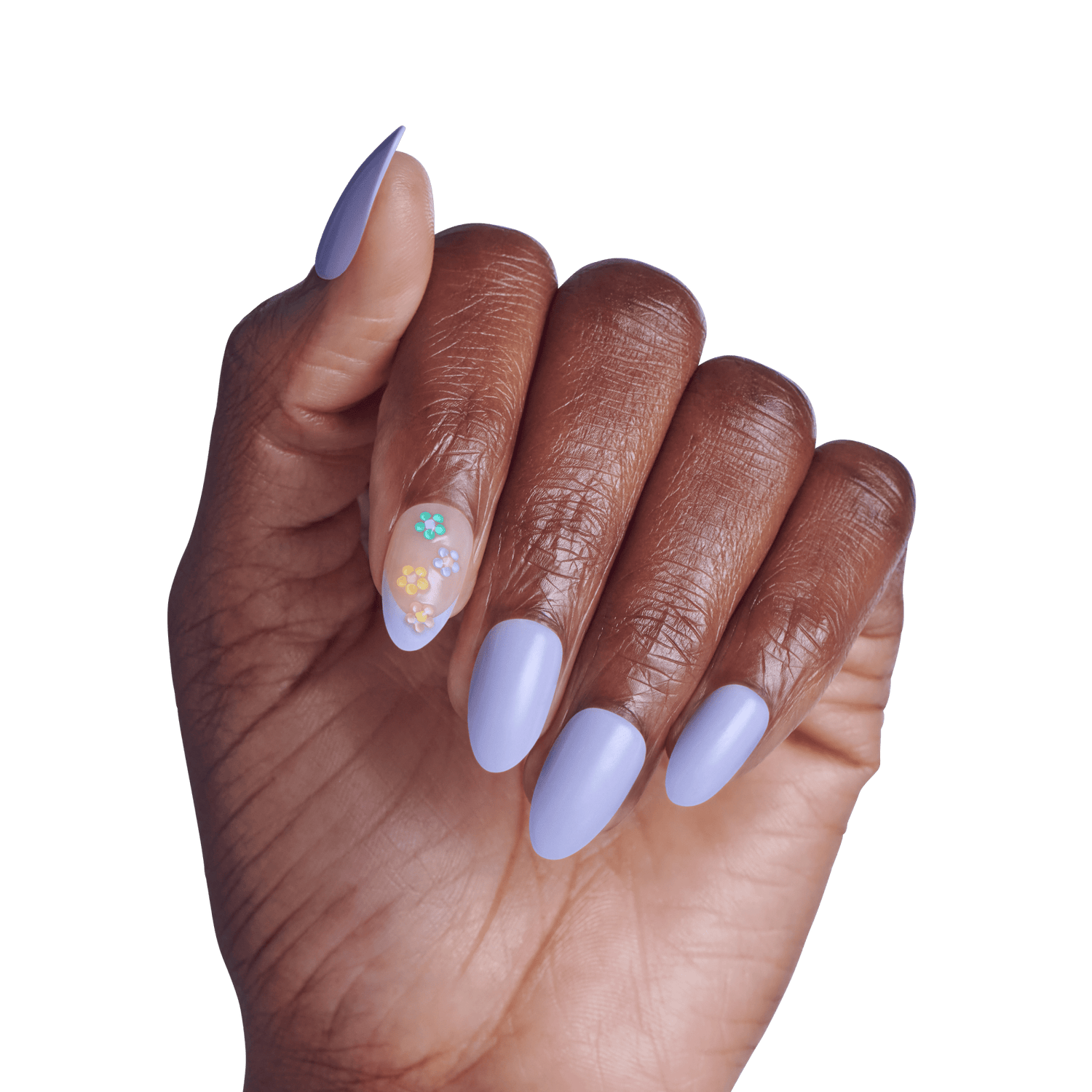 Hand displaying manicure with lavender nails and floral accent design.