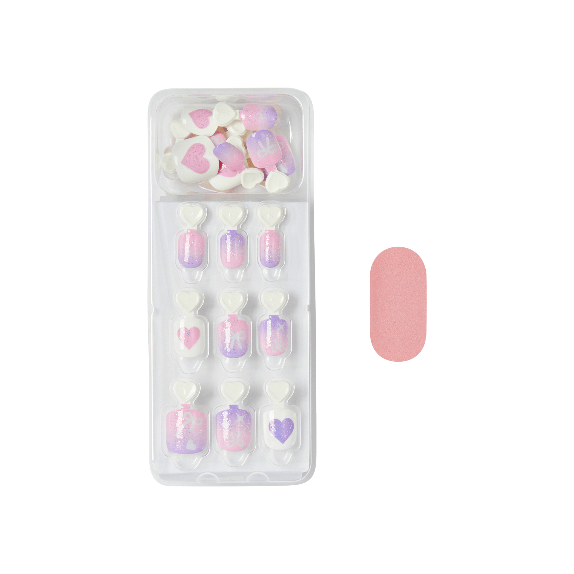 Press-on nail set with pink and purple gradient designs and heart decorations, includes nail file and gems.