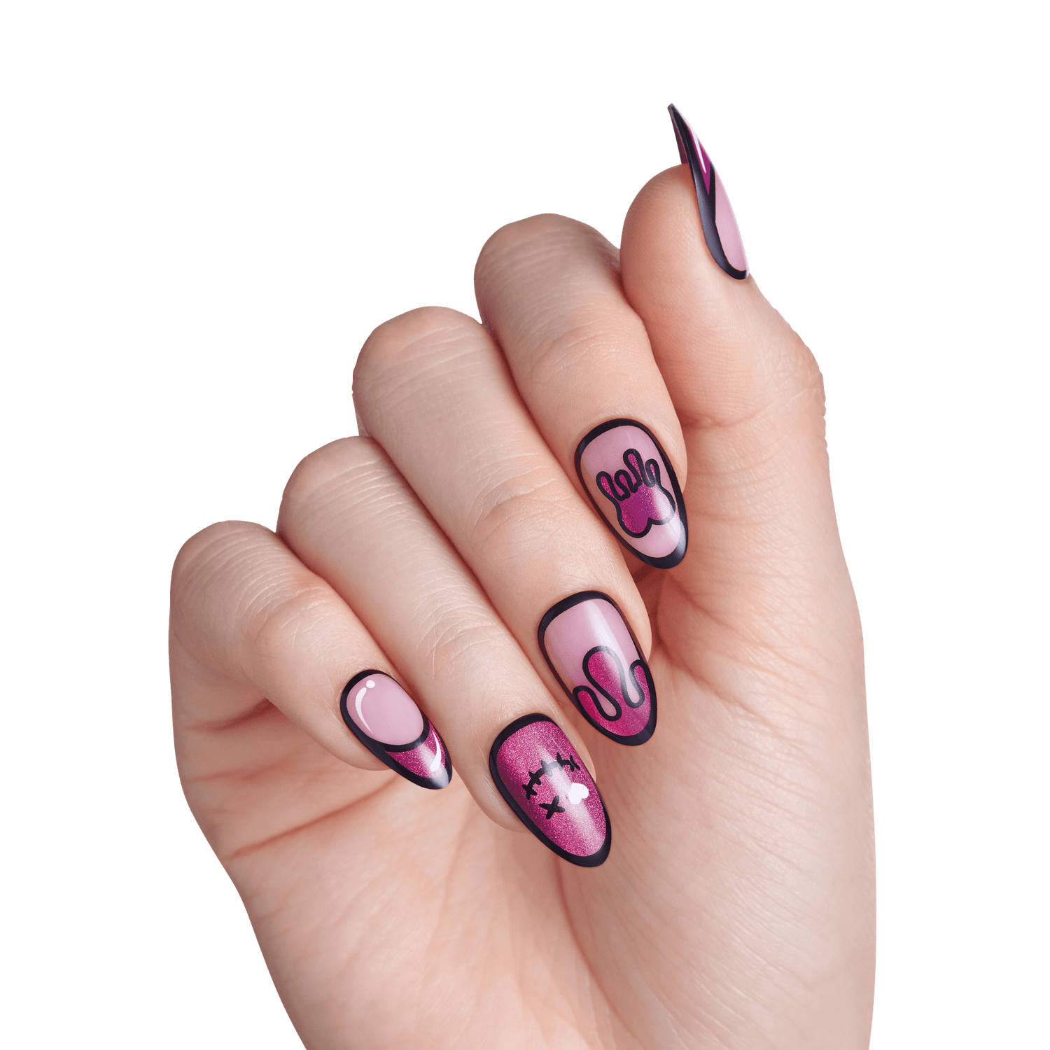 Impress Design Halloween No Glue Fake Press On Nails - Scary Glow | French Design, Pink, Medium, Almond, Glow In The Dark, Manicure
