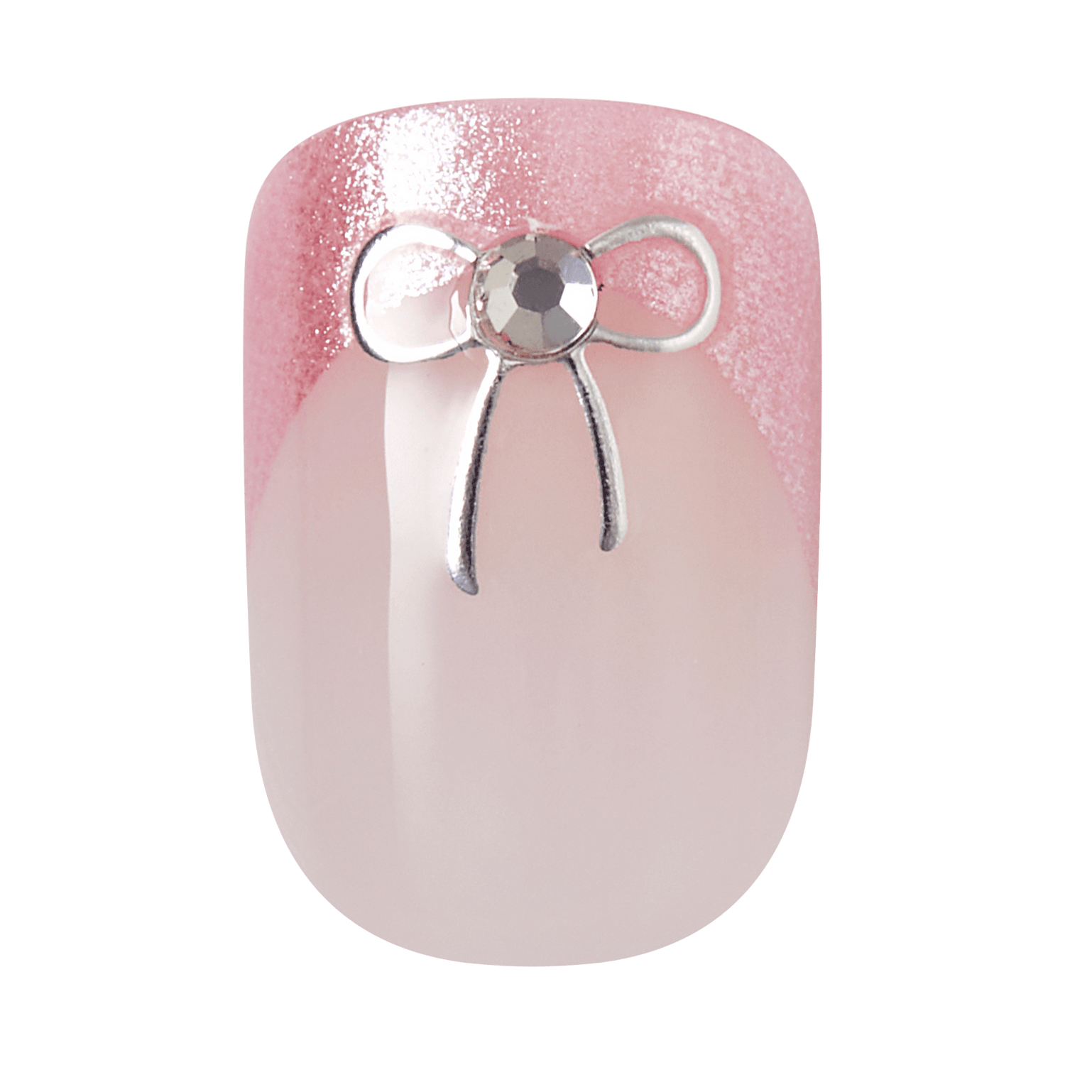 Pink glitter nail art with silver bow and rhinestone embellishment