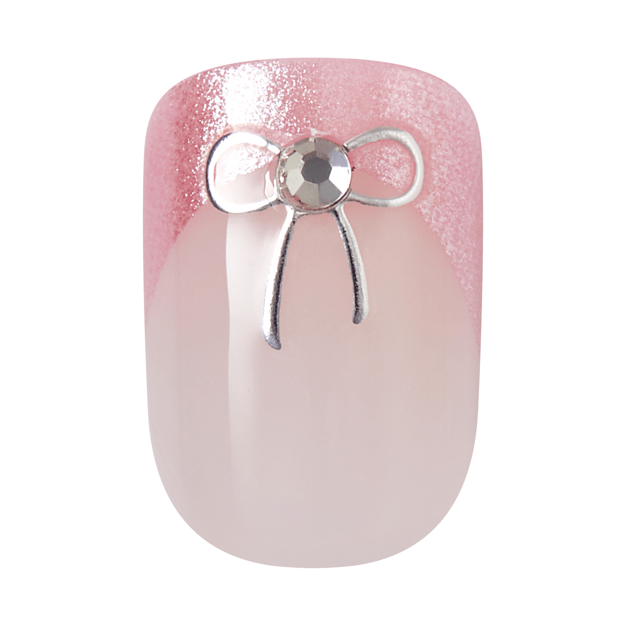 Pink glitter nail art with silver bow and rhinestone embellishment