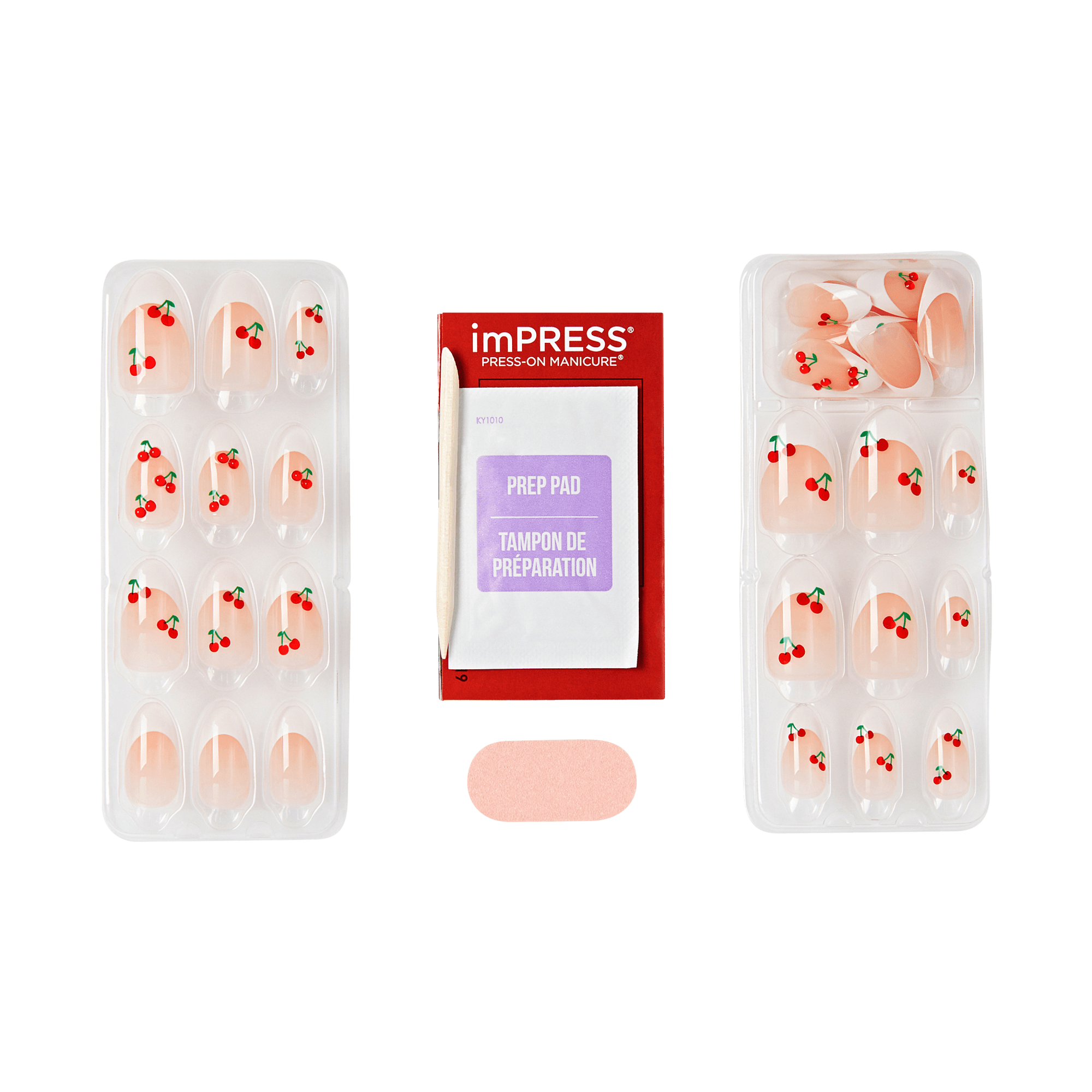 Packaging of imPRESS cherry design french tip nails with prep pad and file