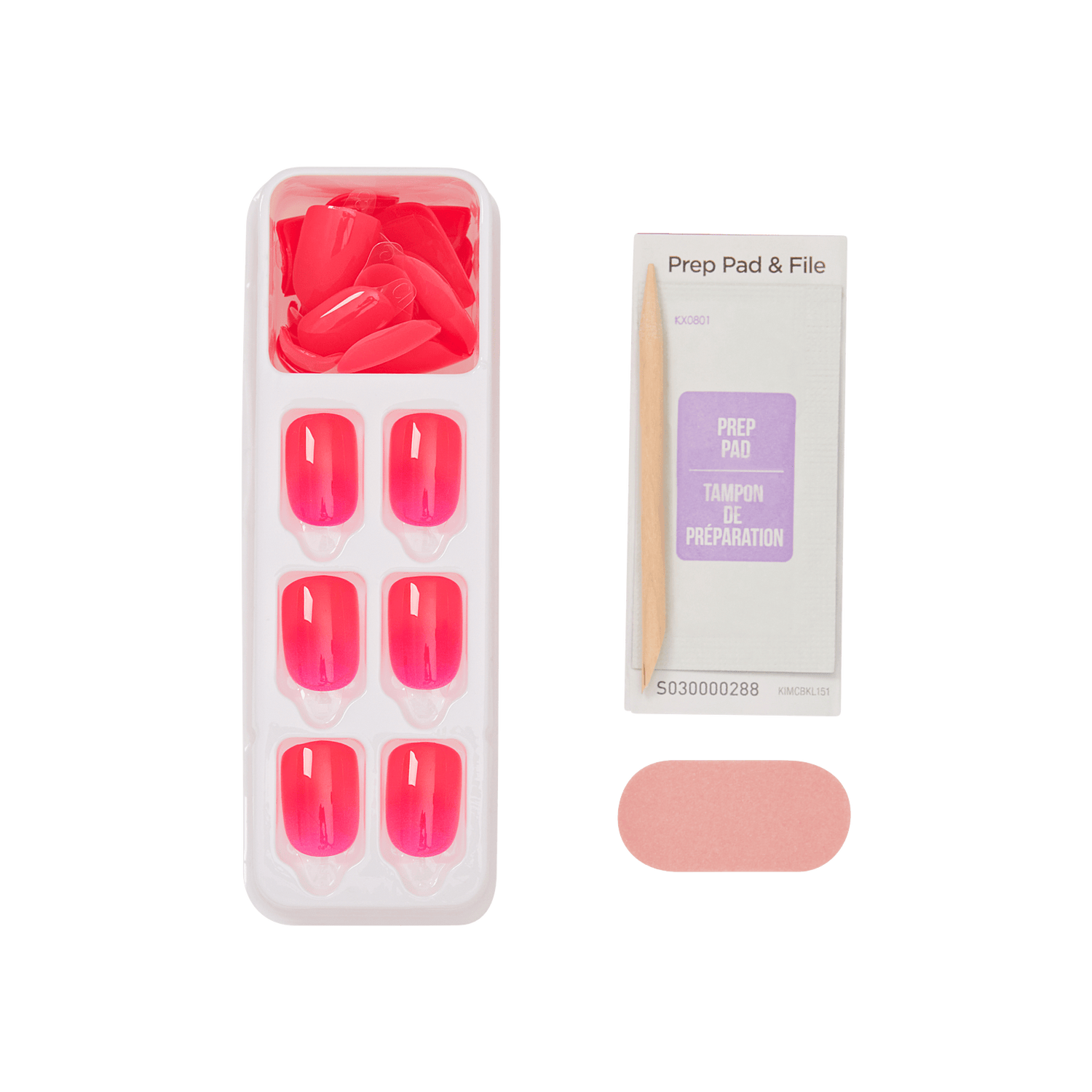 Set of pink nail chips in a container with a prep pad and file on a transparent background